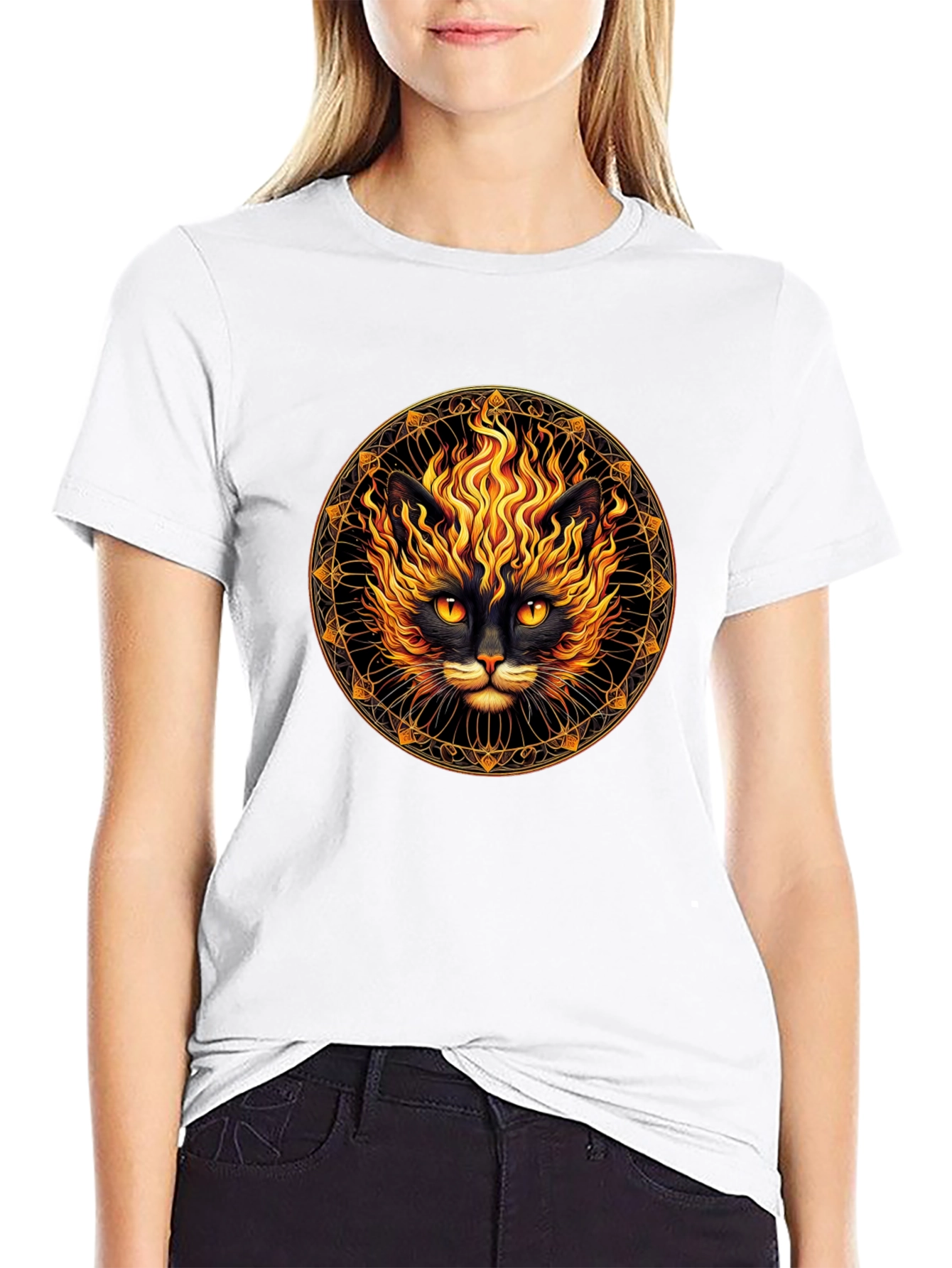 Fiery Cat Graphic T-Shirt - Black