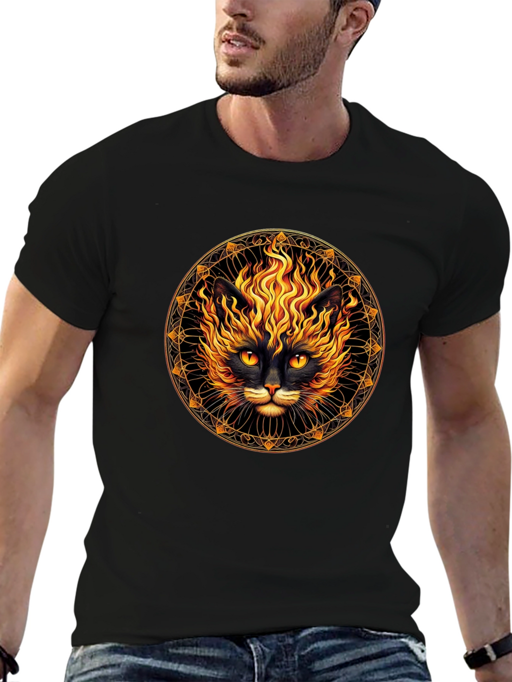 Fiery Cat Graphic T-Shirt - Black