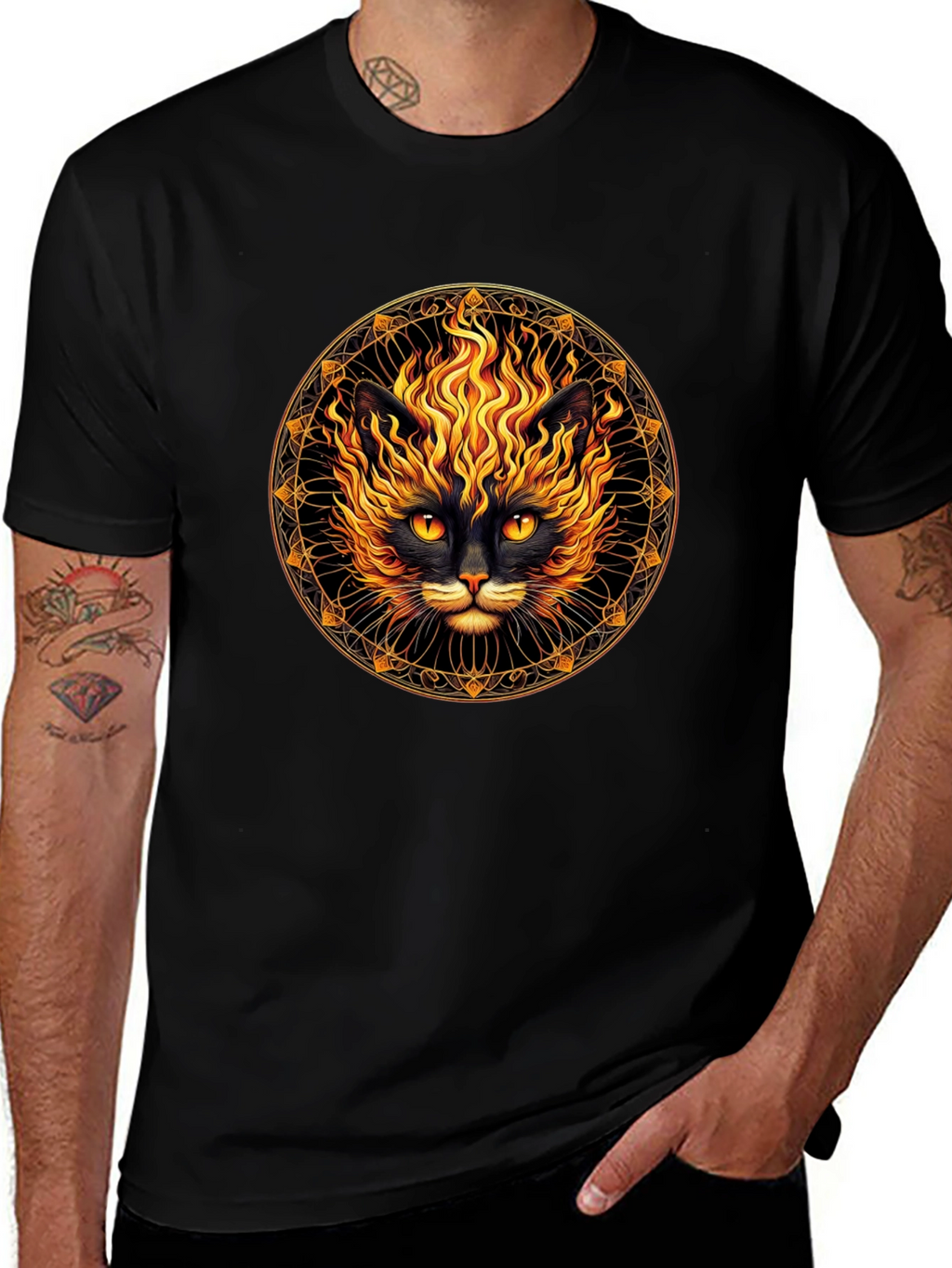 Fiery Cat Graphic T-Shirt - Black