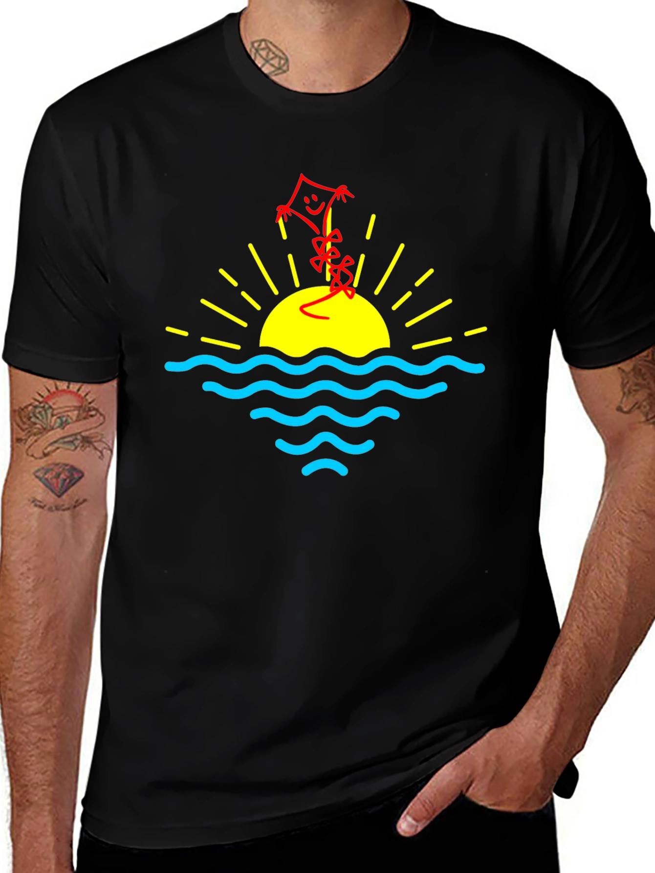 Sunset Kite Graphic Tee - Black Cotton Casual T-Shirt