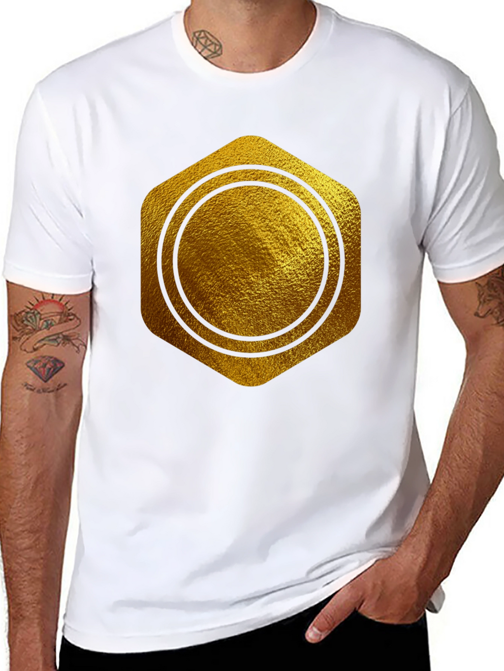 Gold Hexagon Circle Graphic T-Shirt - Stylish Casual Wear