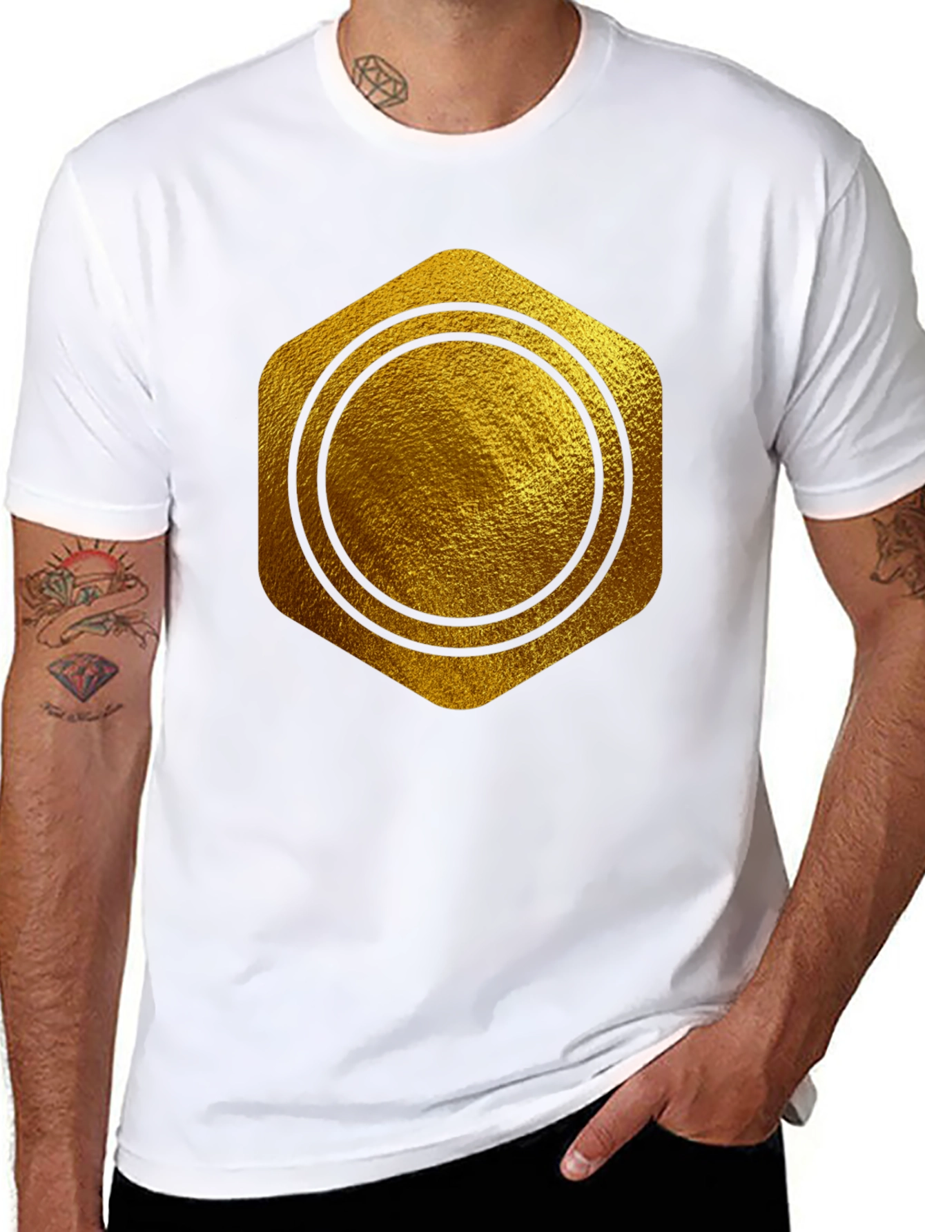 Gold Hexagon Circle Graphic T-Shirt - Stylish Casual Wear