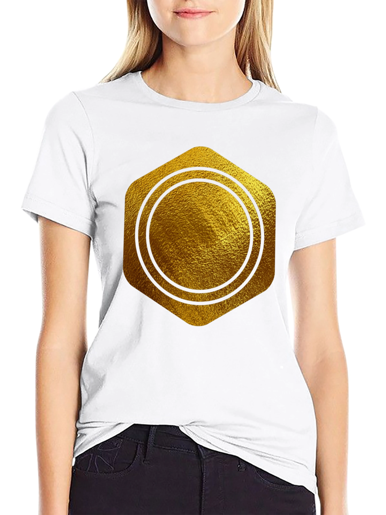 Gold Hexagon Circle Graphic T-Shirt - Stylish Casual Wear