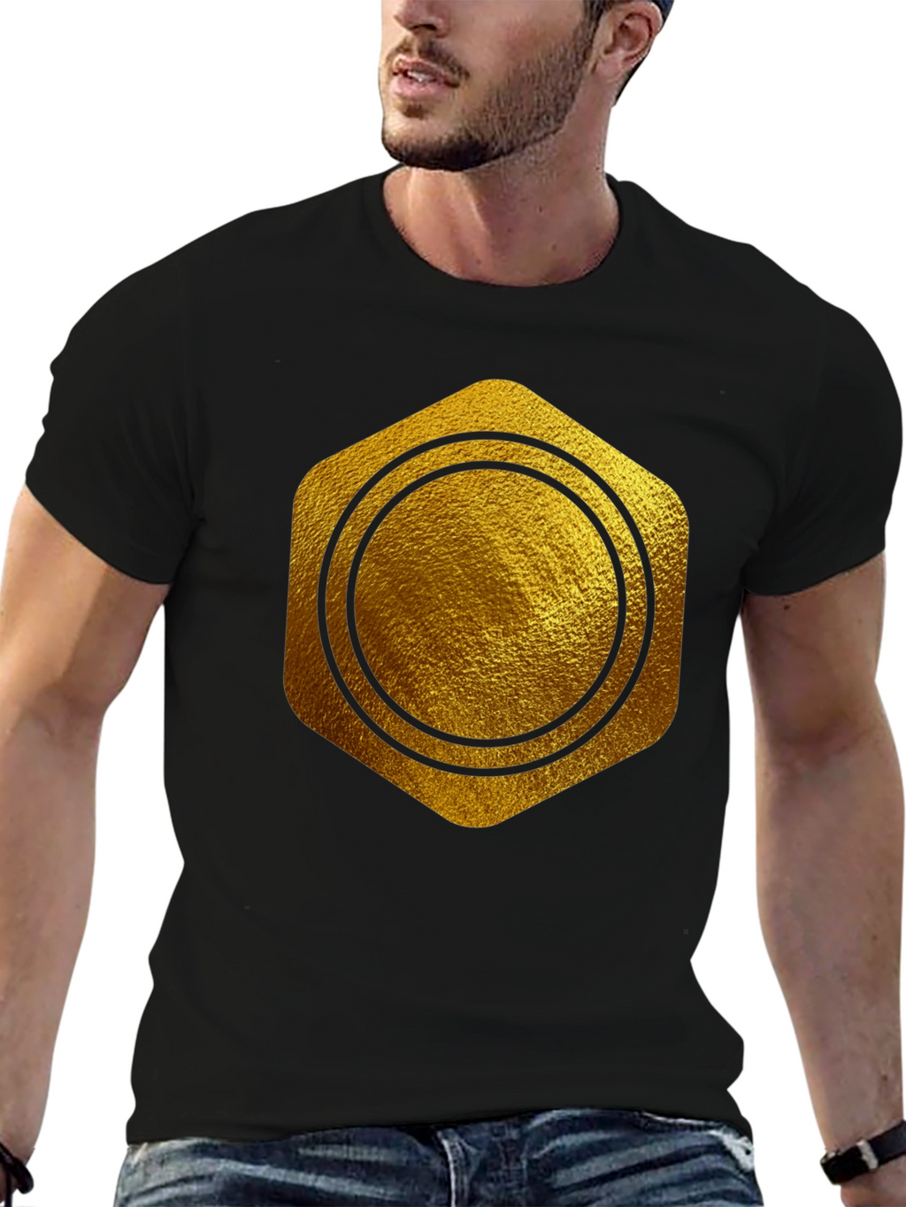 Gold Hexagon Circle Graphic T-Shirt - Stylish Casual Wear