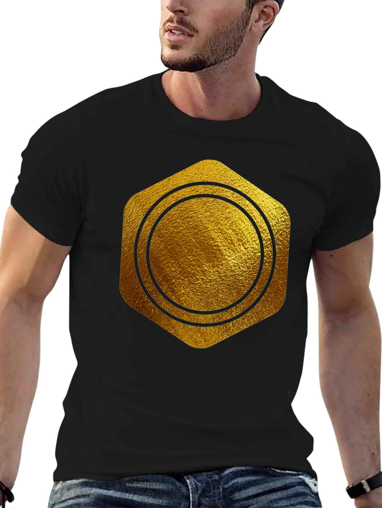 Gold Hexagon Circle Graphic T-Shirt - Stylish Casual Wear