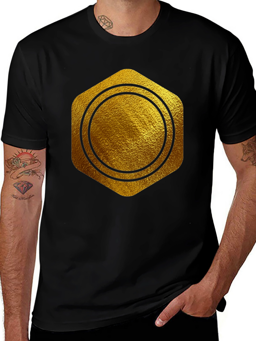 Gold Hexagon Circle Graphic T-Shirt - Stylish Casual Wear