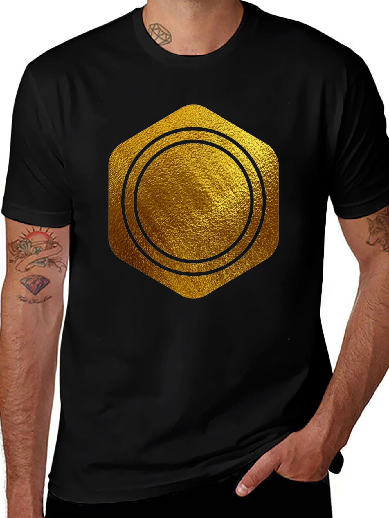 Gold Hexagon Circle Graphic T-Shirt - Stylish Casual Wear