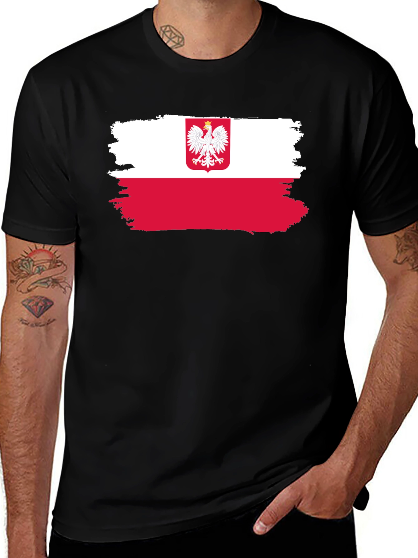 Poland Flag T-Shirt - Crew Neck Short Sleeve Black