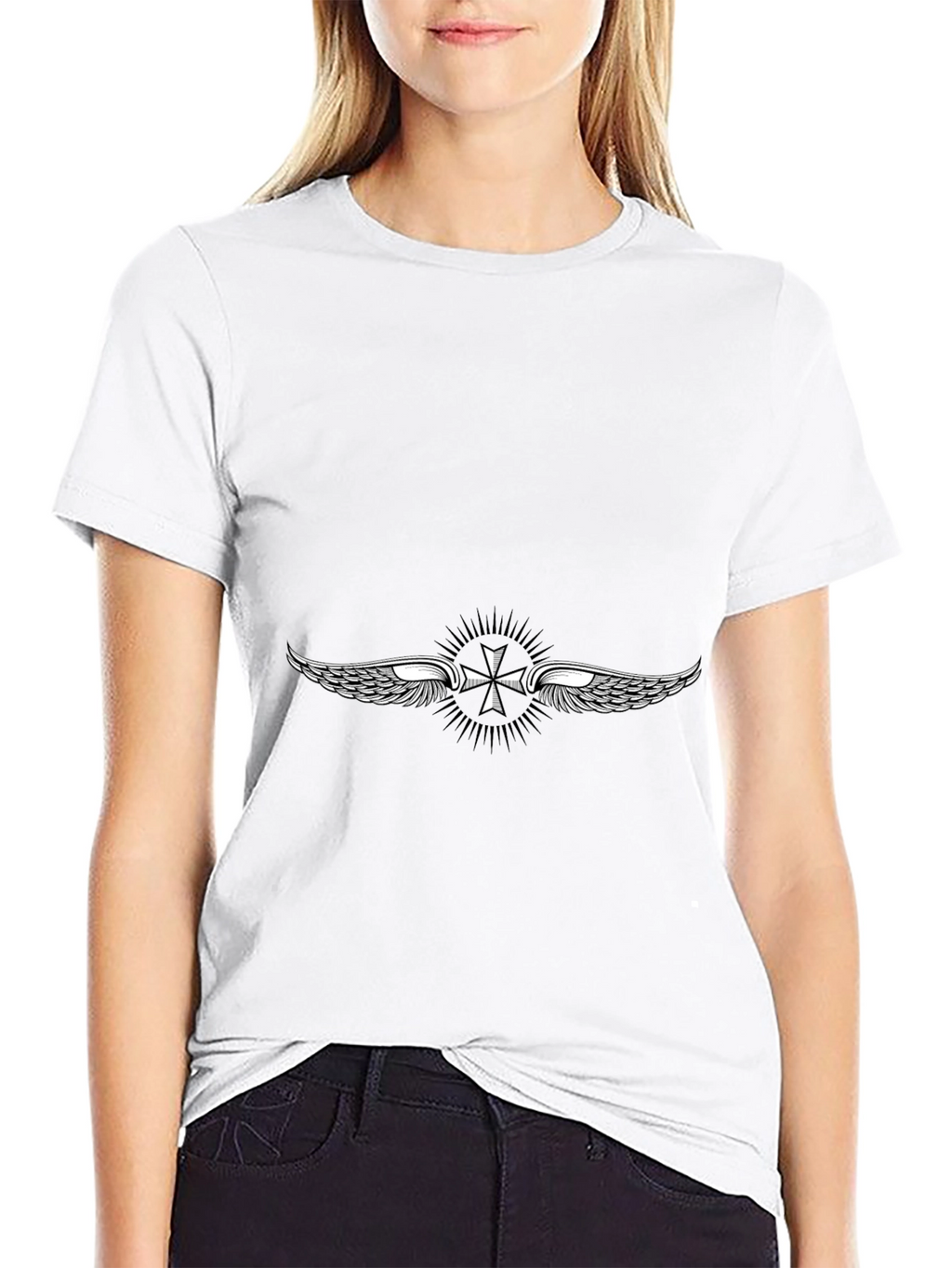 Black T-Shirt with Winged Cross Design