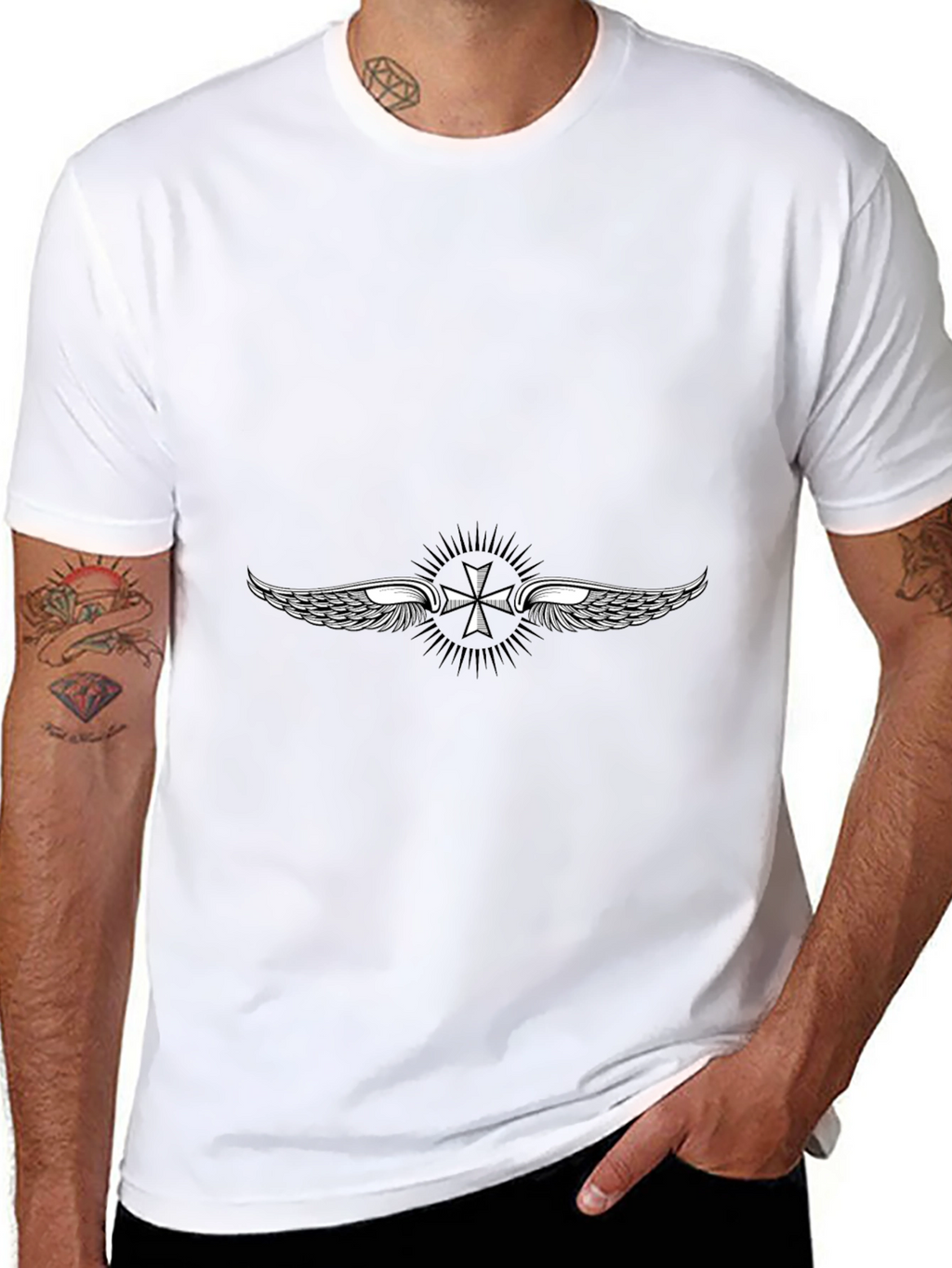 Black T-Shirt with Winged Cross Design