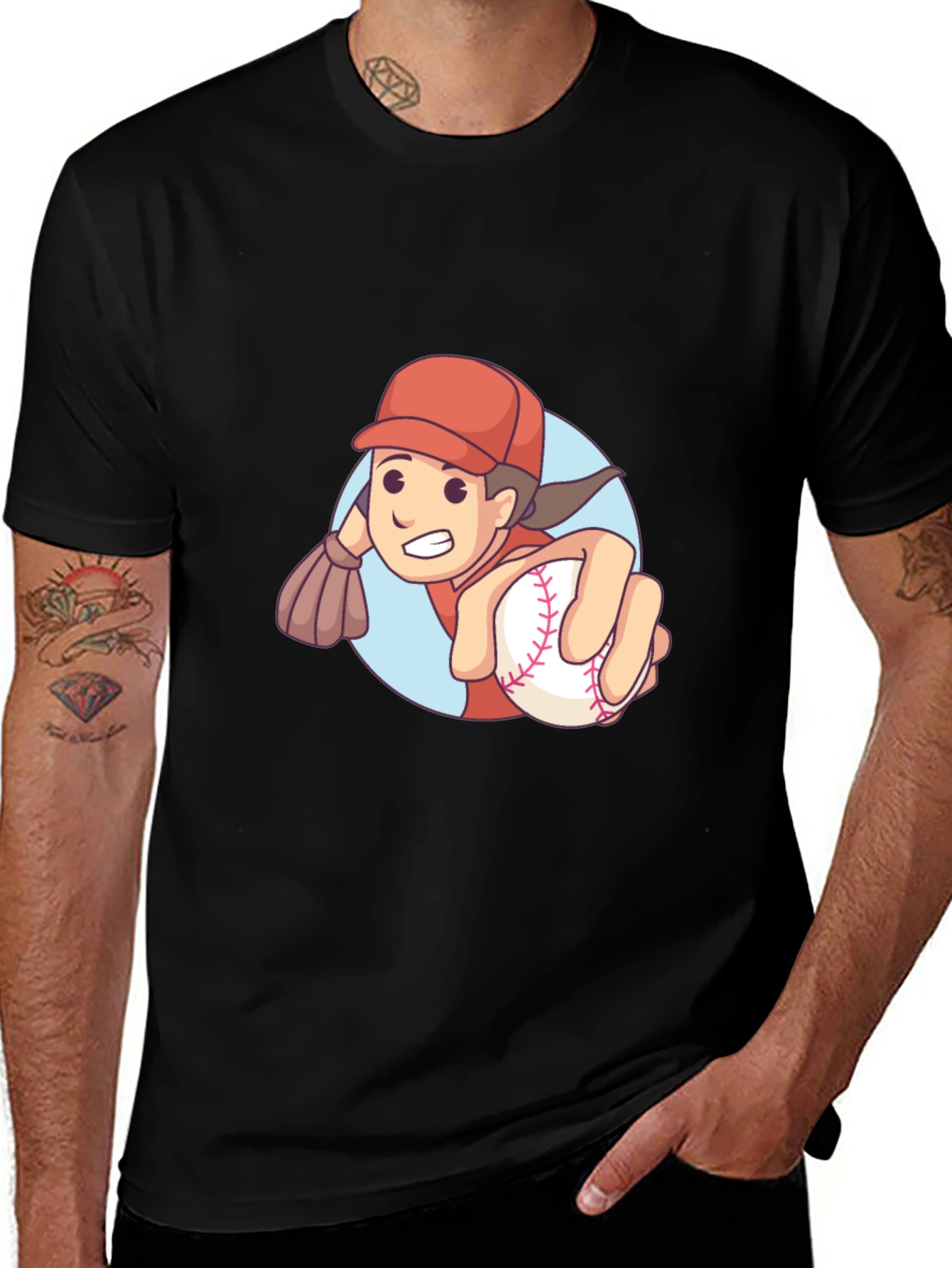 Cartoon Baseball Player Graphic T-Shirt