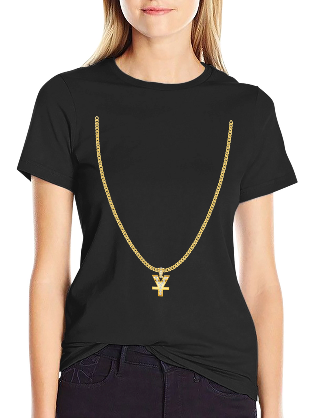 Mens Black T-Shirt with Gold Chain Design