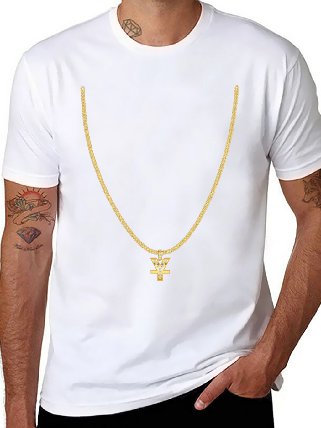 Mens Black T-Shirt with Gold Chain Design