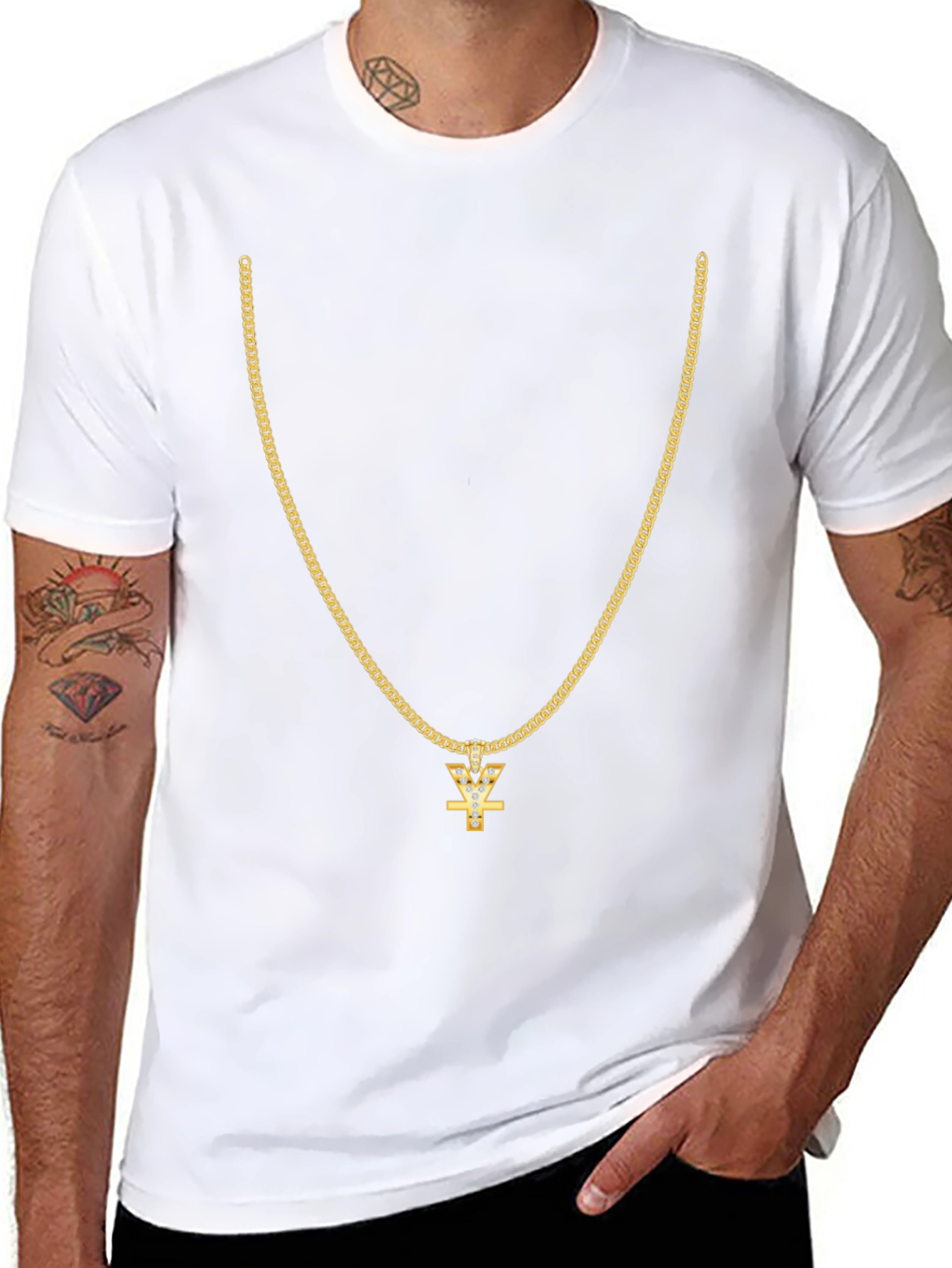 Mens Black T-Shirt with Gold Chain Design