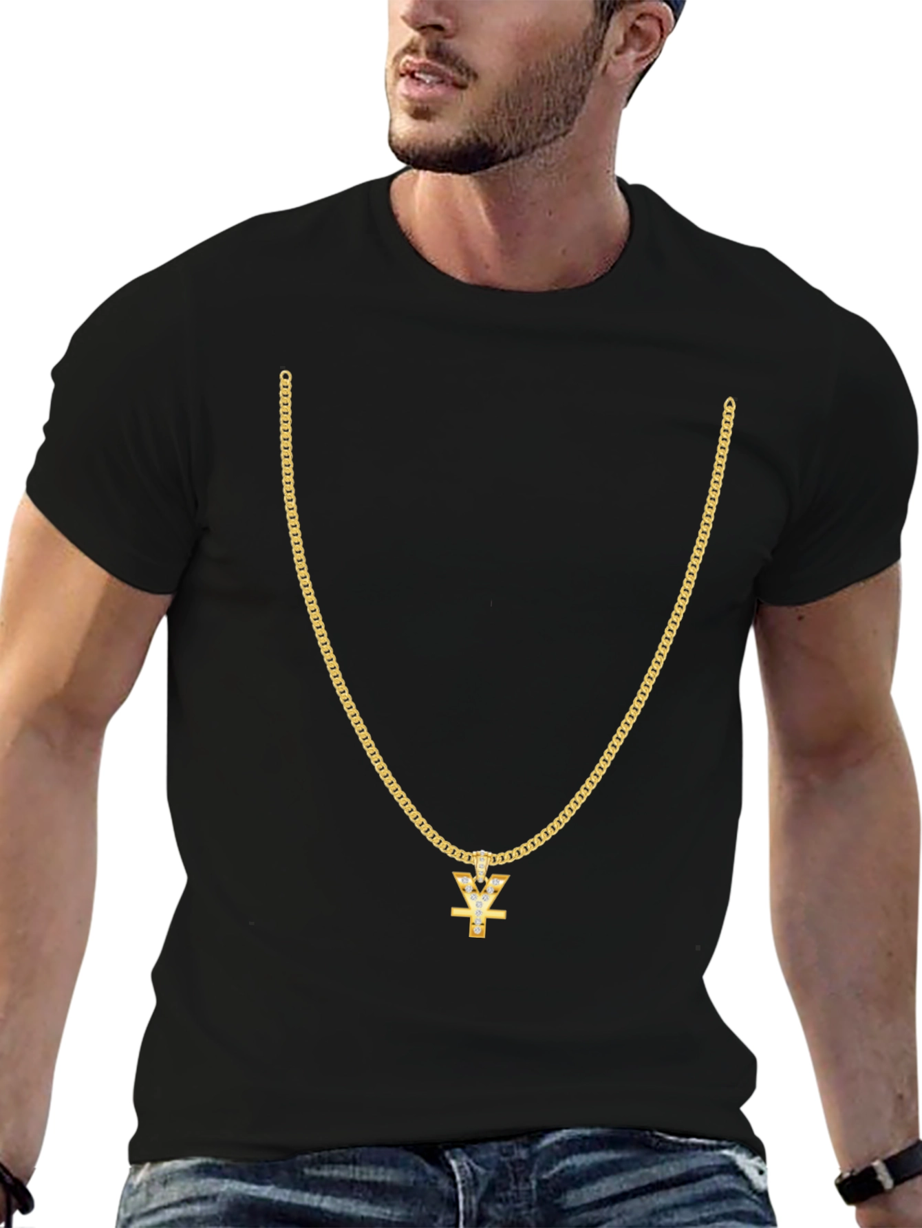 Mens Black T-Shirt with Gold Chain Design