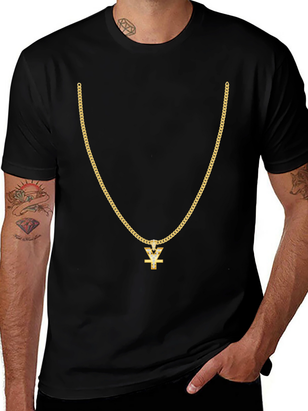 Mens Black T-Shirt with Gold Chain Design