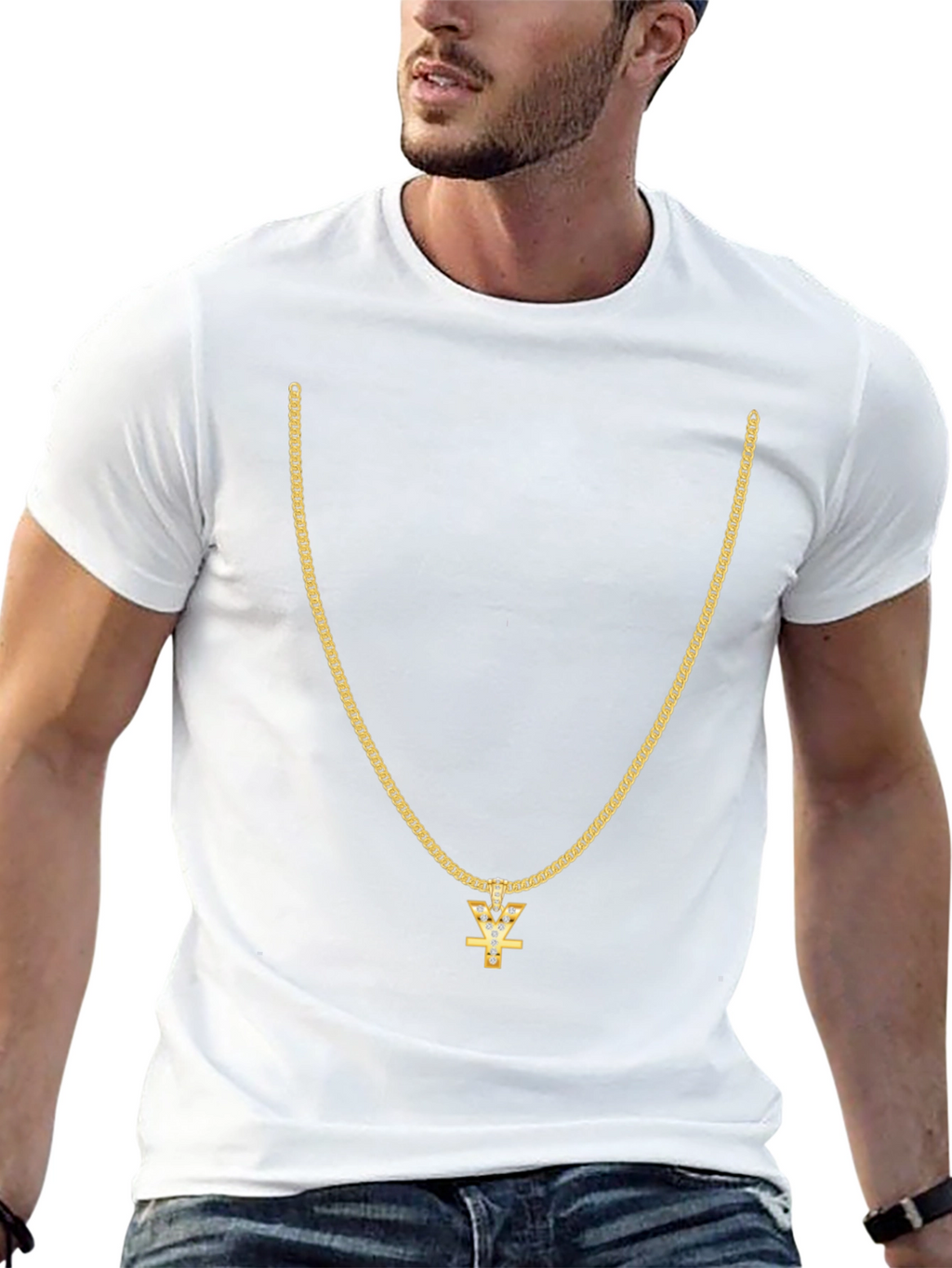 Mens Black T-Shirt with Gold Chain Design