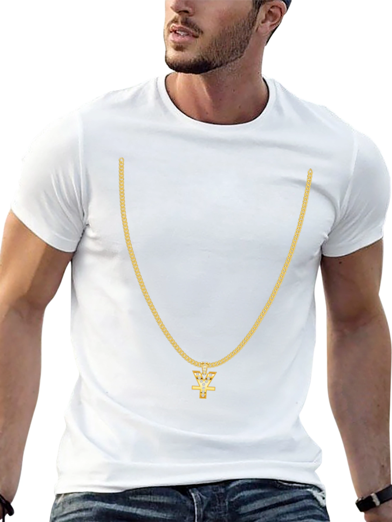 Mens Black T-Shirt with Gold Chain Design