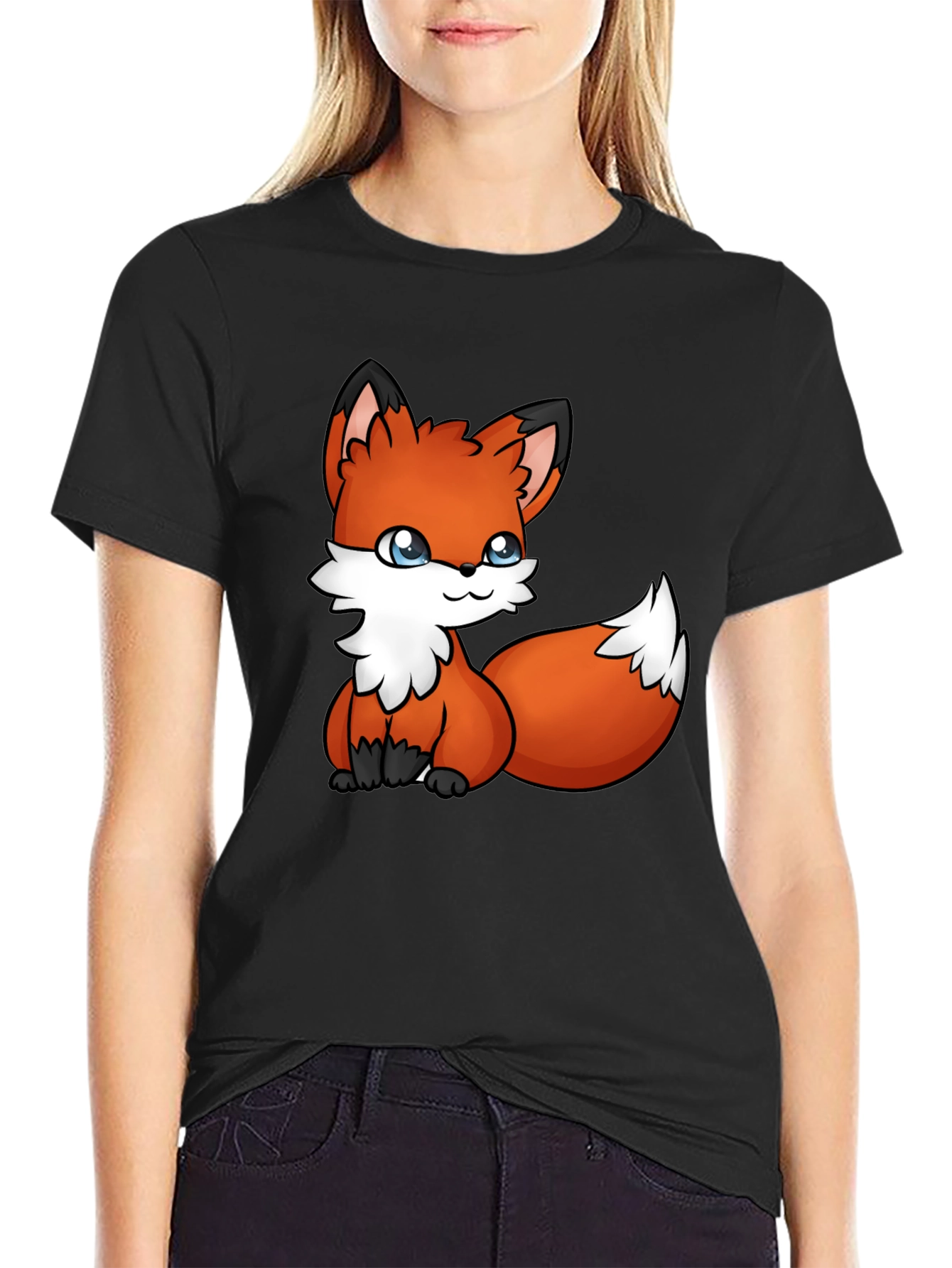 Cute Fox Graphic Tee - Black Cotton T-Shirt