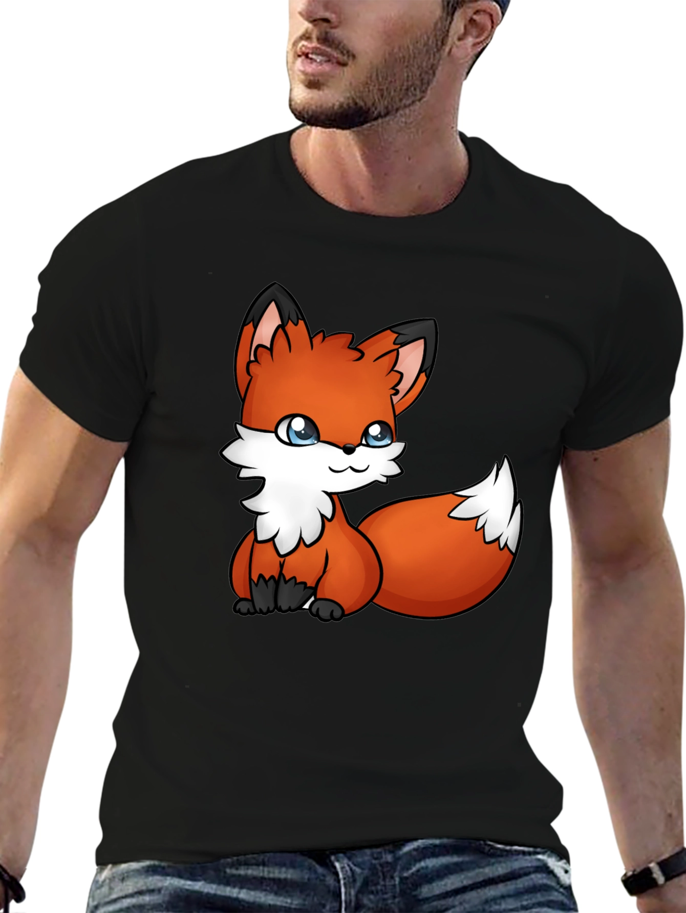 Cute Fox Graphic Tee - Black Cotton T-Shirt