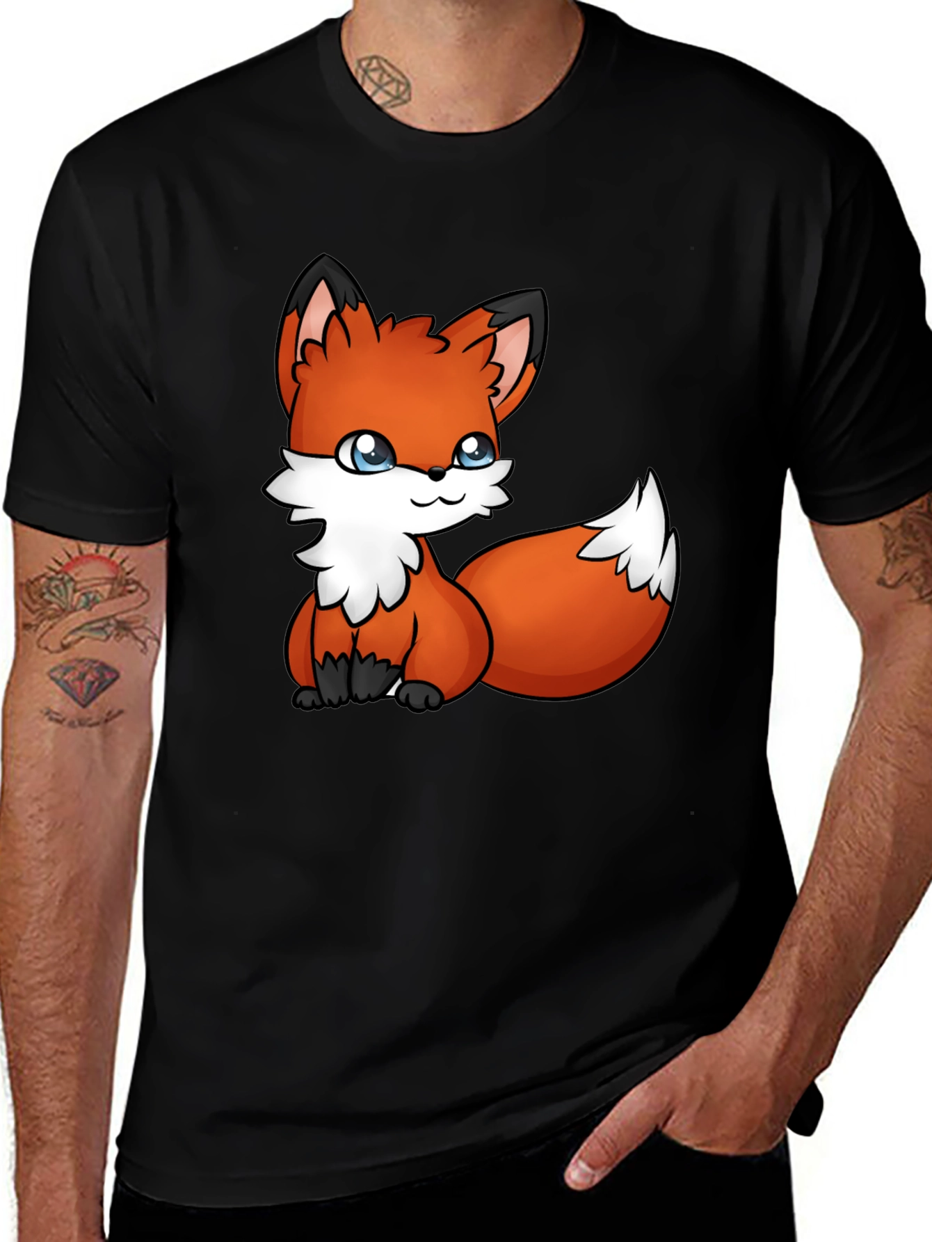 Cute Fox Graphic Tee - Black Cotton T-Shirt