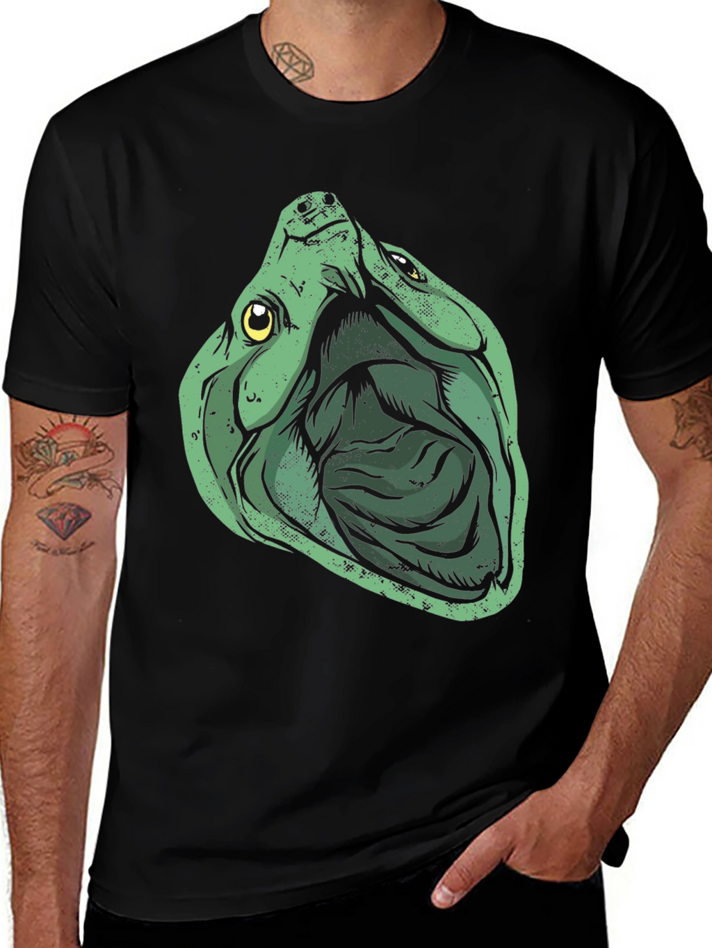 Green Turtle Graphic Print Black T-Shirt