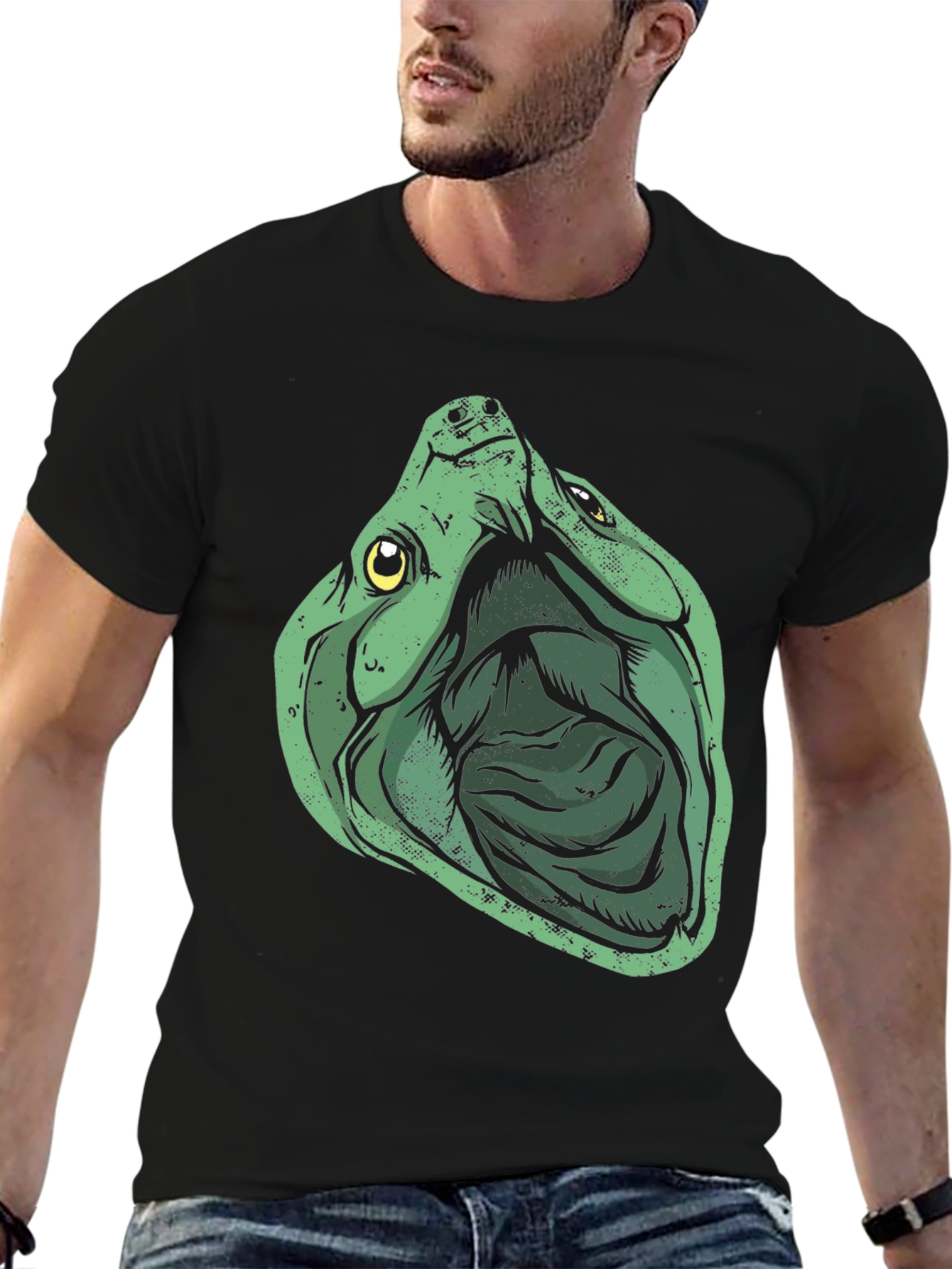 Green Turtle Graphic Print Black T-Shirt