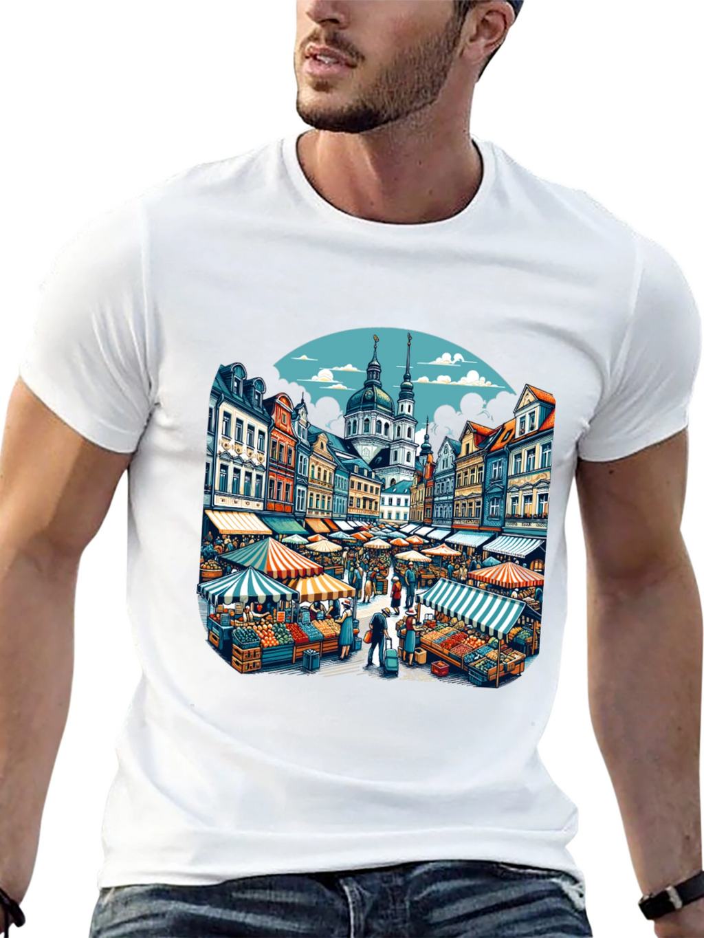 Market Scene Graphic T-Shirt