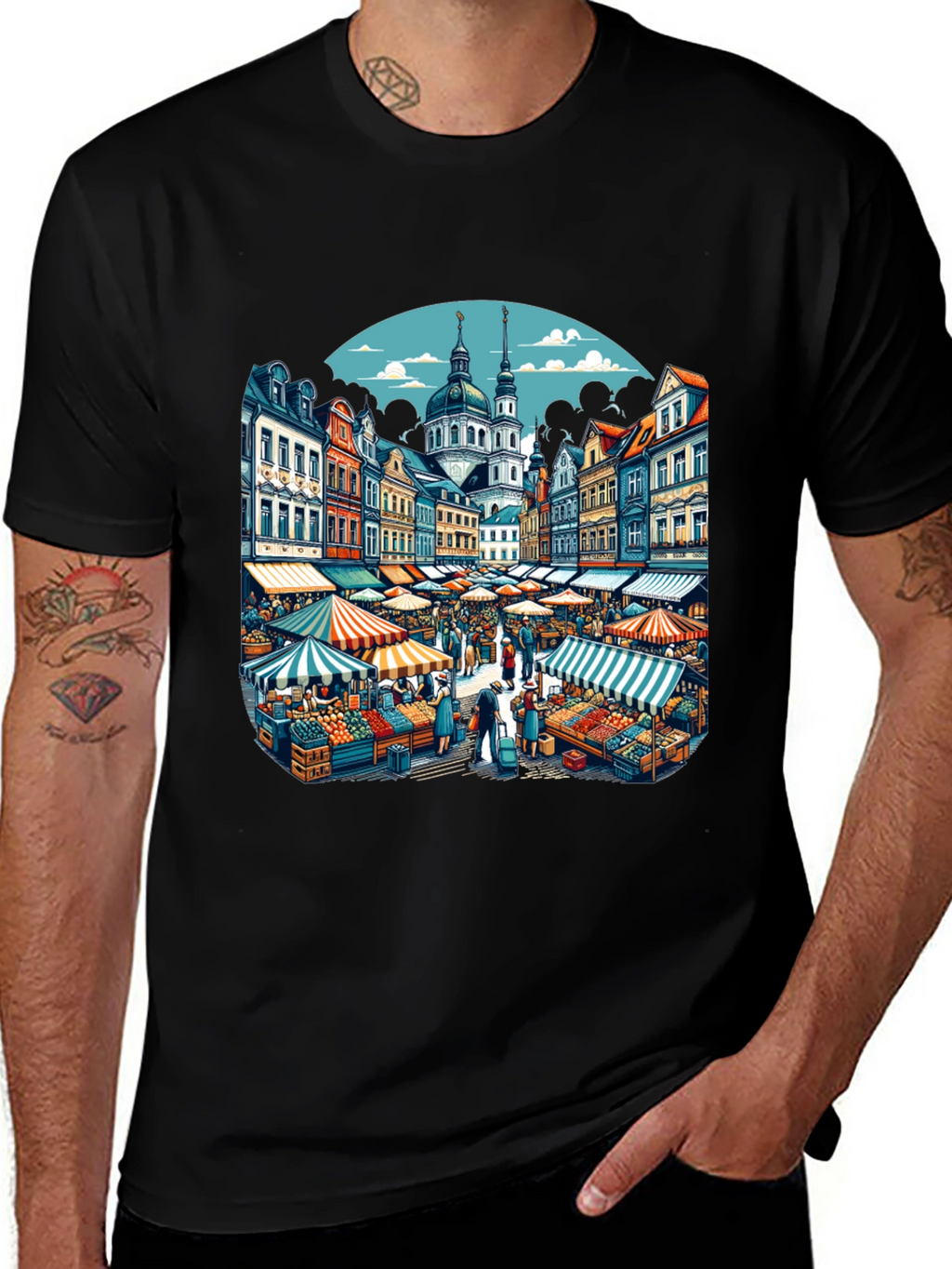 Market Scene Graphic T-Shirt
