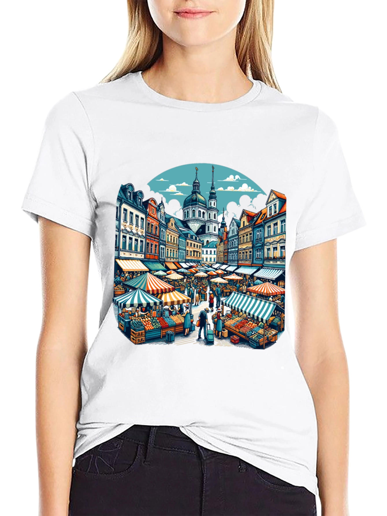 Market Scene Graphic T-Shirt