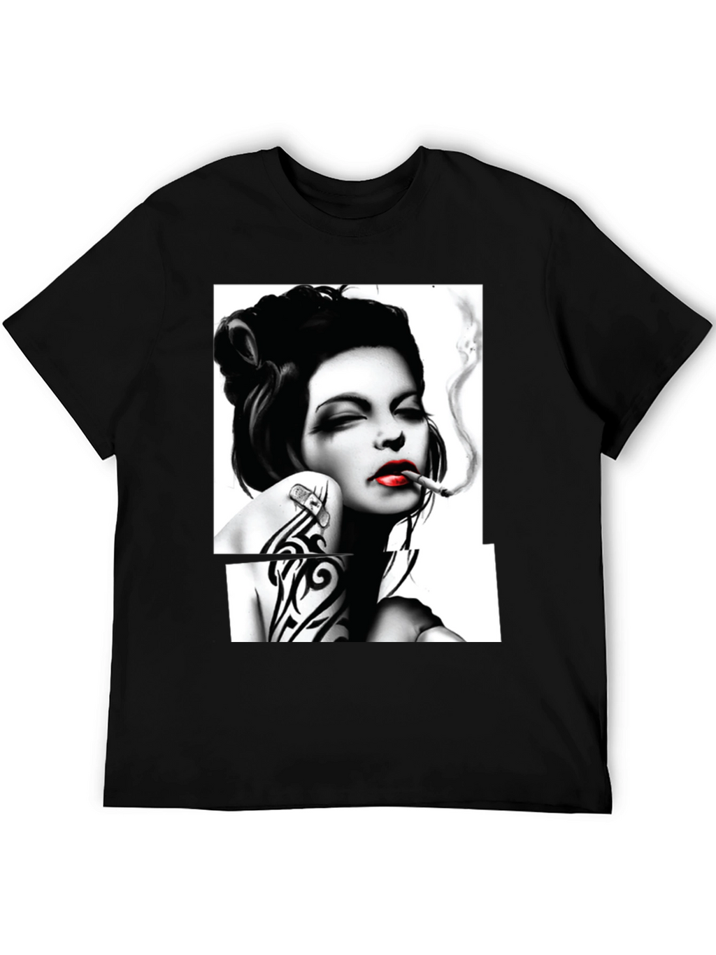 Smoking Woman Graphic T-Shirt - Stylish Black Tee