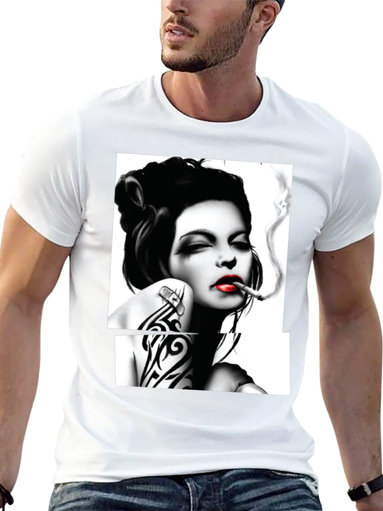 Smoking Woman Graphic T-Shirt - Stylish Black Tee