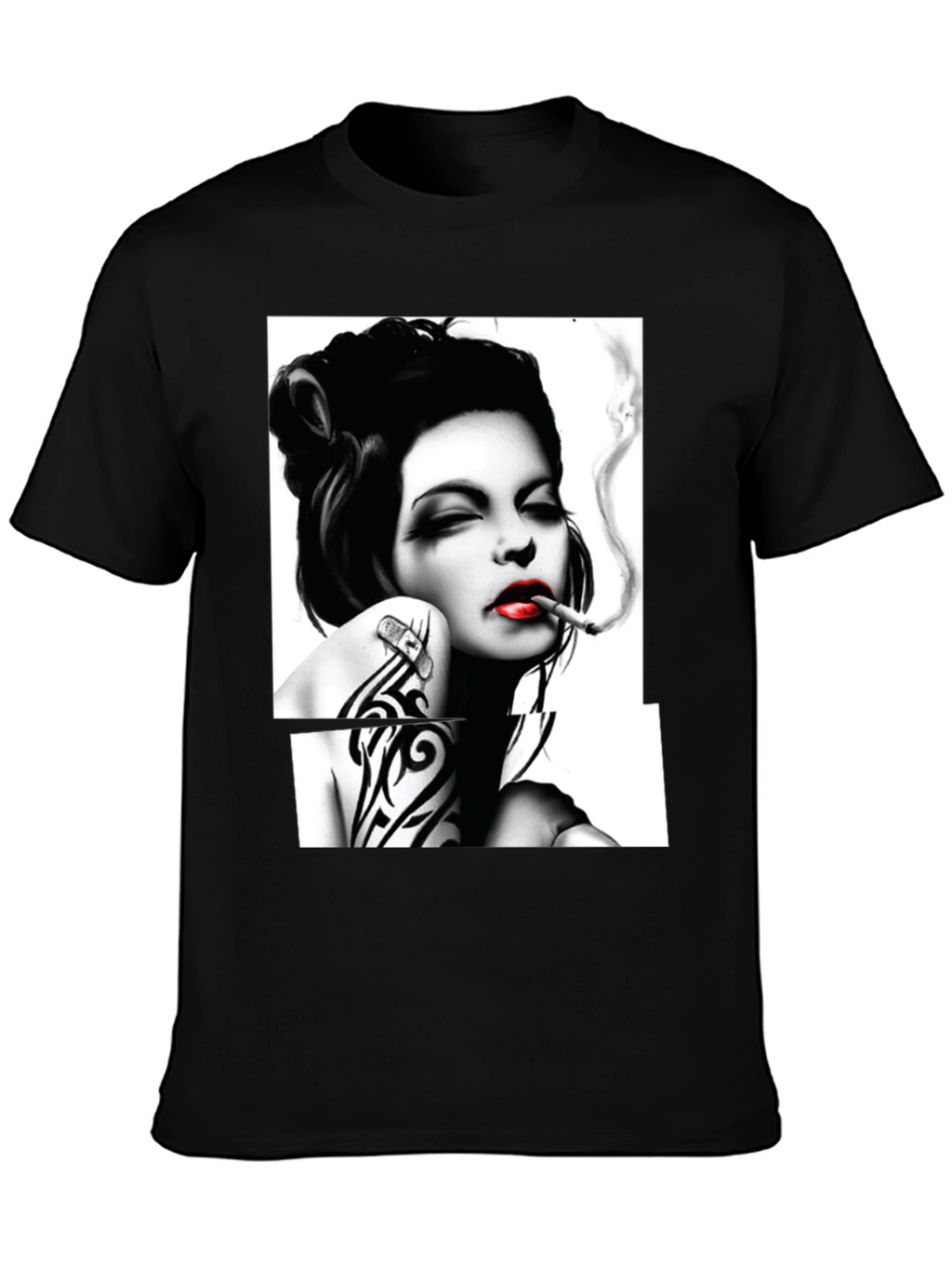 Smoking Woman Graphic T-Shirt - Stylish Black Tee