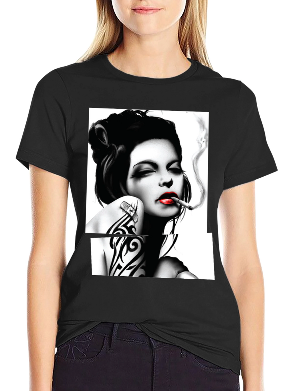 Smoking Woman Graphic T-Shirt - Stylish Black Tee