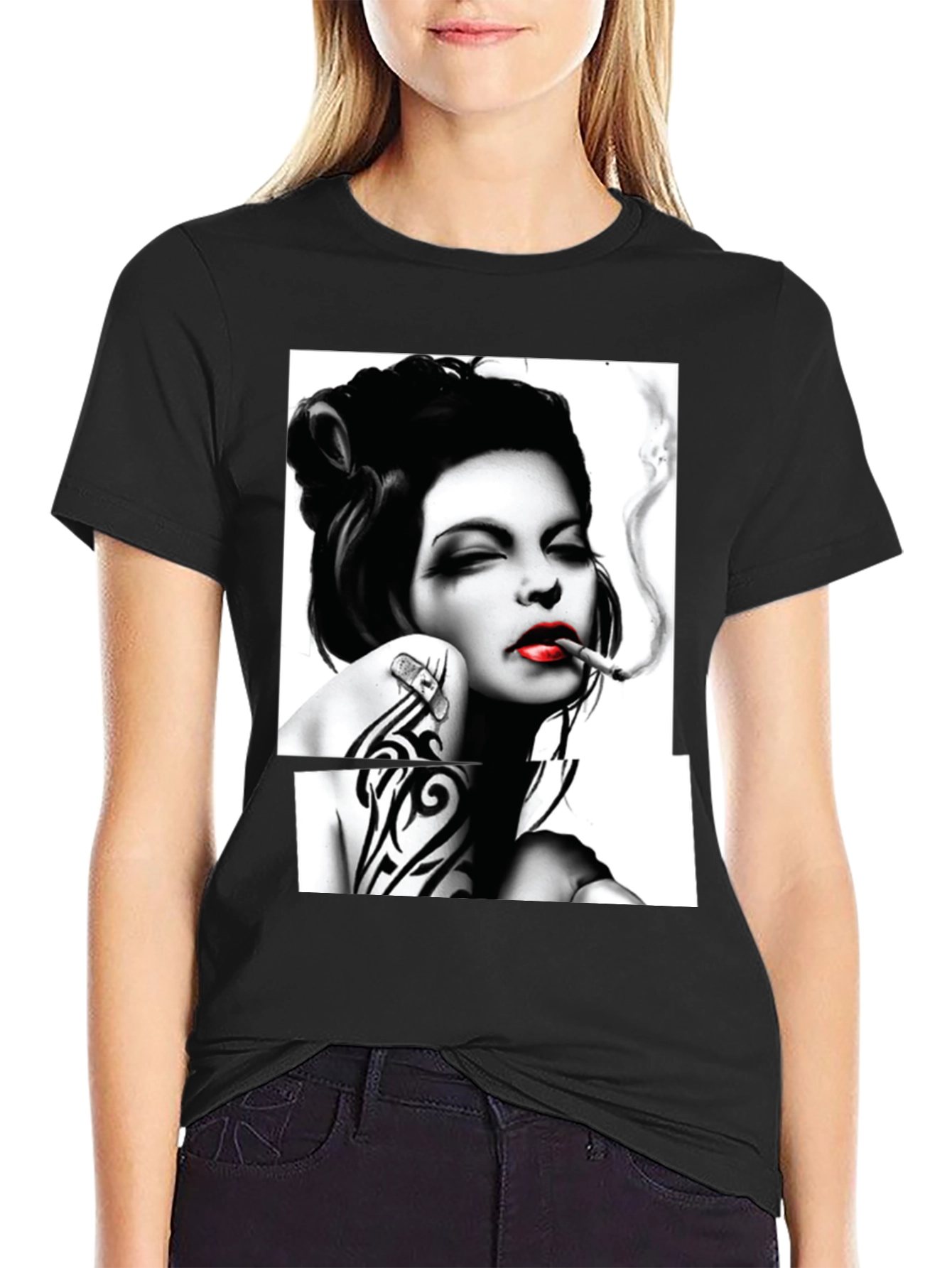 Smoking Woman Graphic T-Shirt - Stylish Black Tee