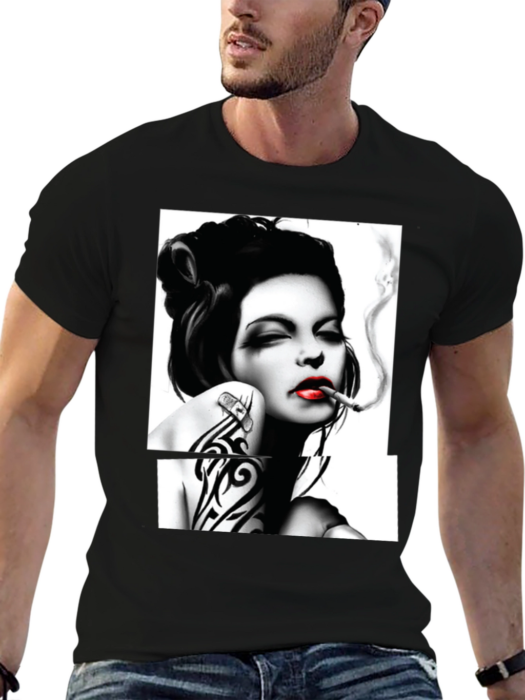 Smoking Woman Graphic T-Shirt - Stylish Black Tee