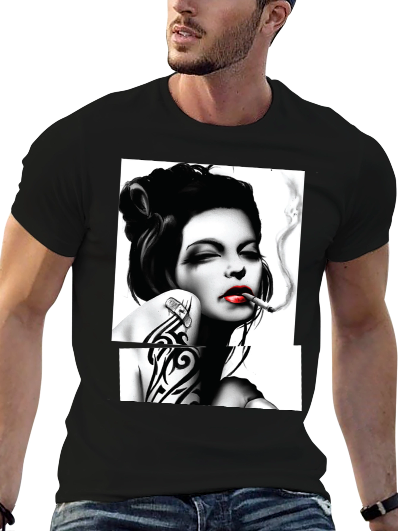 Smoking Woman Graphic T-Shirt - Stylish Black Tee