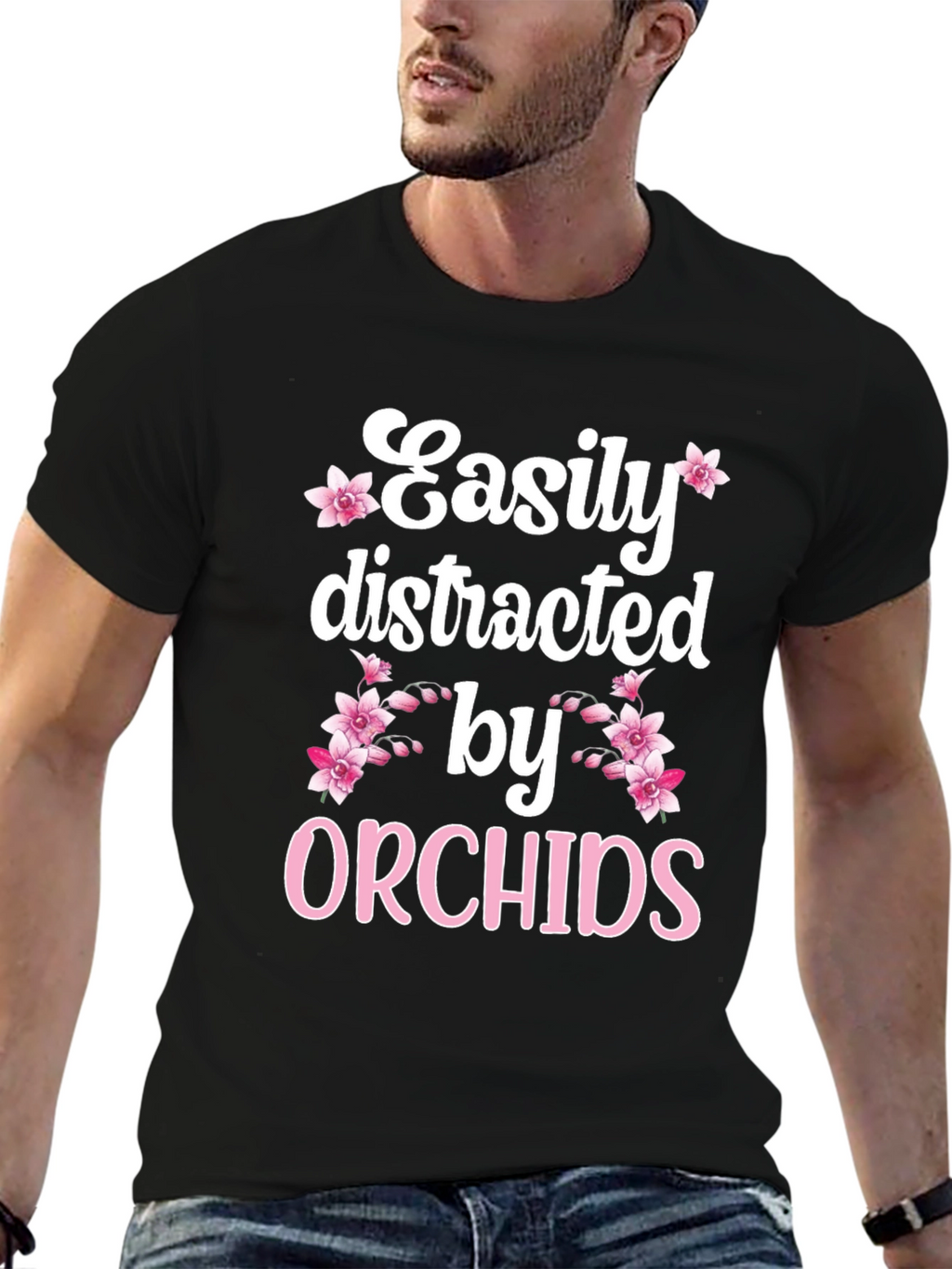 Easily Distracted by Orchids Black T-Shirt