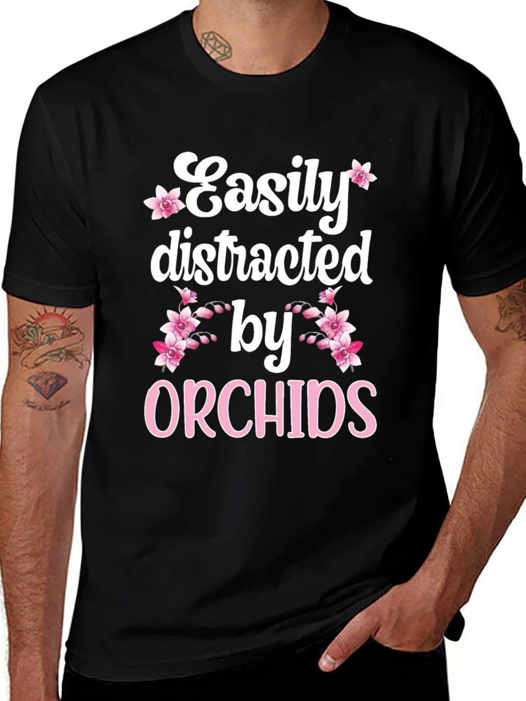 Easily Distracted by Orchids Black T-Shirt