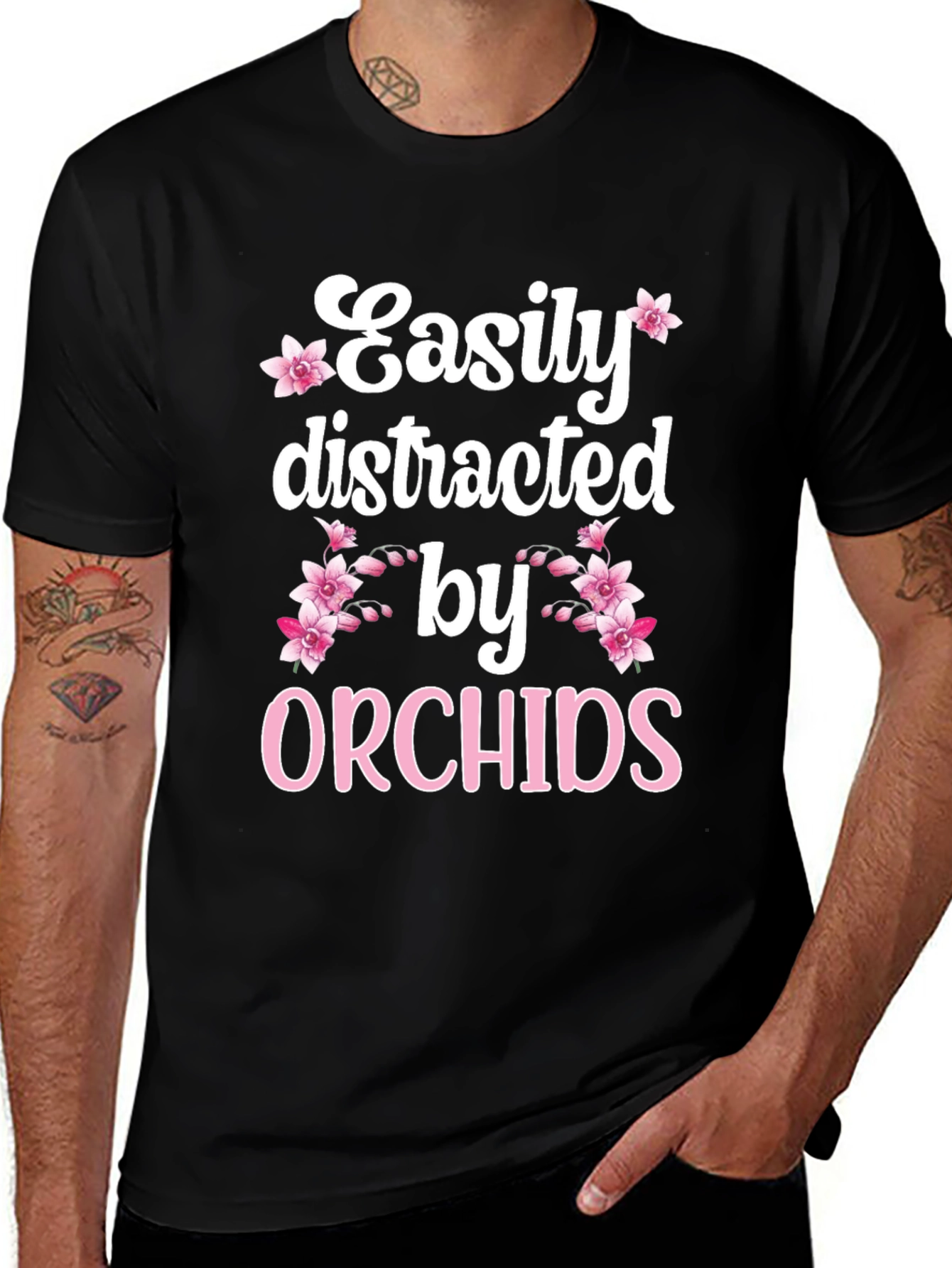 Easily Distracted by Orchids Black T-Shirt