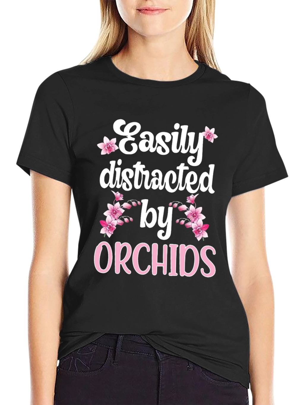 Easily Distracted by Orchids Black T-Shirt