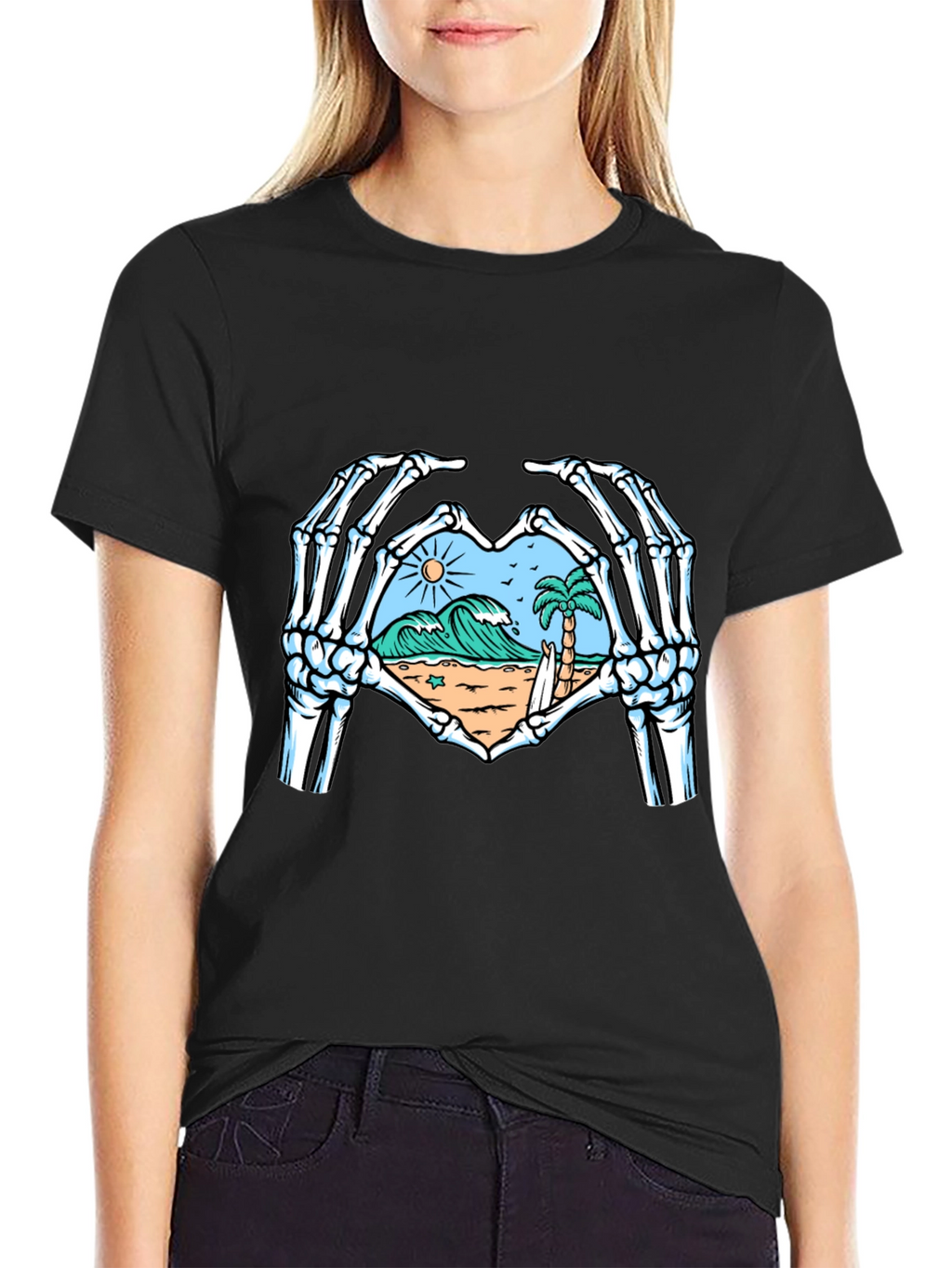 Skeleton Hands Heart Beach Graphic T-Shirt