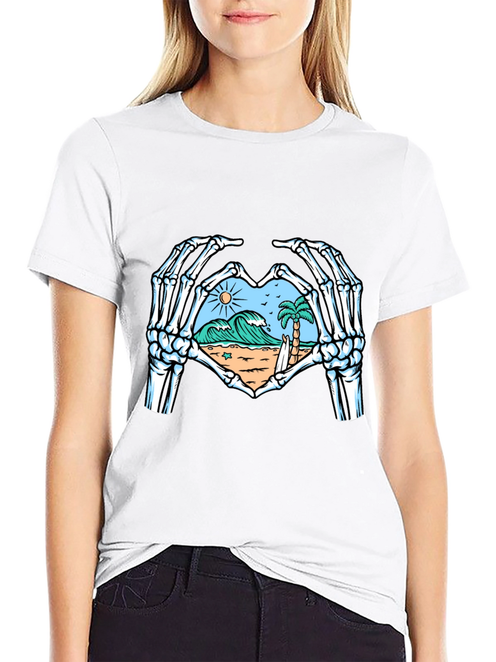 Skeleton Hands Heart Beach Graphic T-Shirt