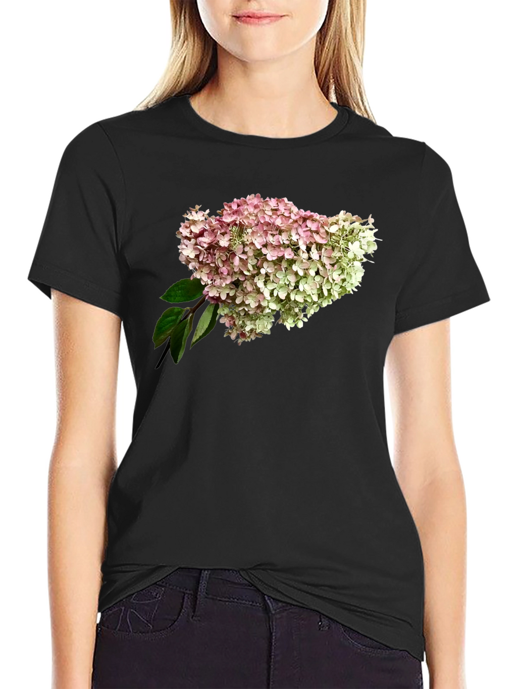 Floral Hydrangea Print Black T-Shirt