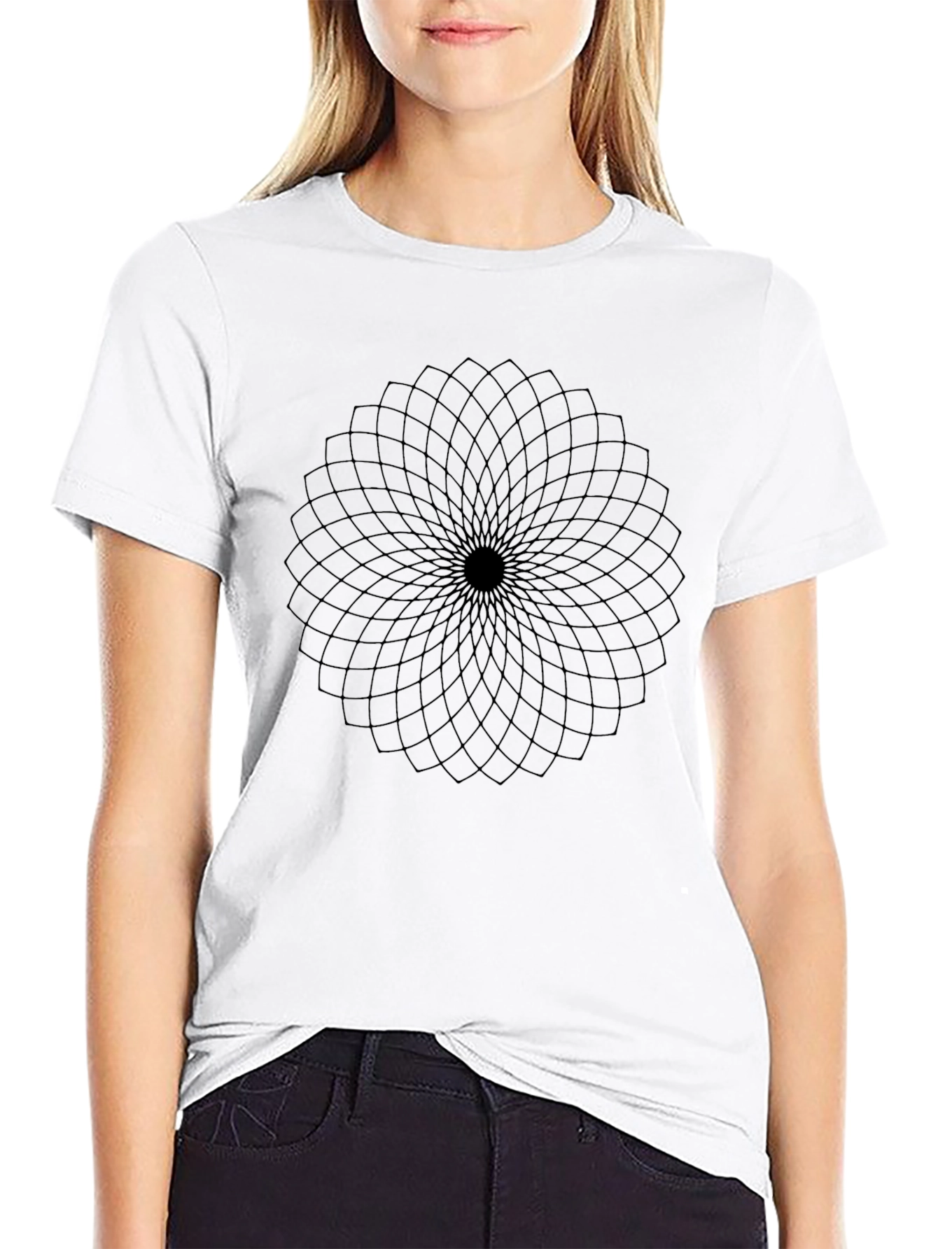 Abstract Geometric Flower Design Black T-Shirt