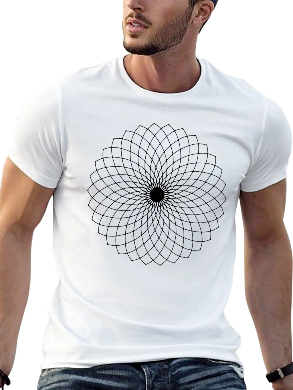 Abstract Geometric Flower Design Black T-Shirt