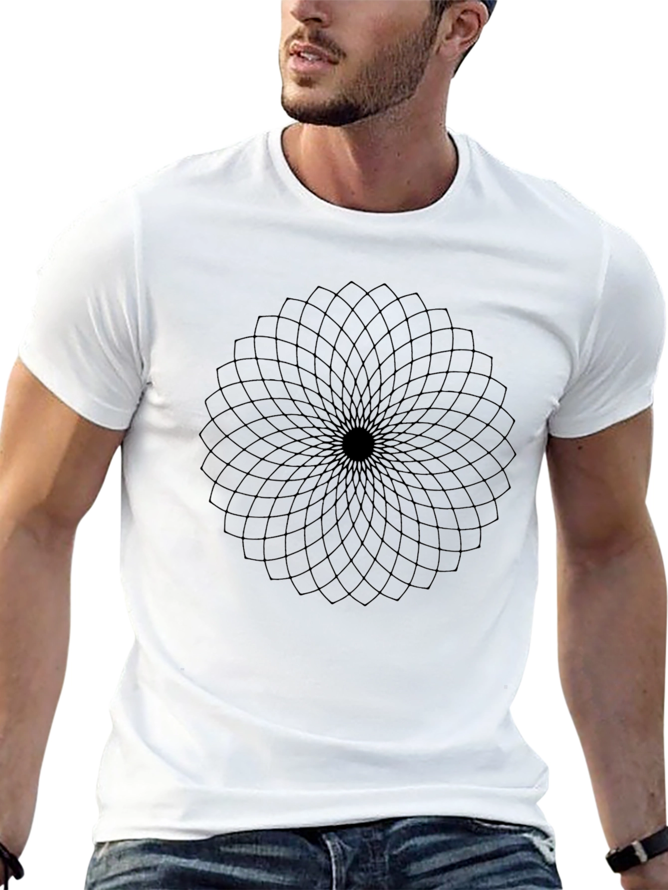 Abstract Geometric Flower Design Black T-Shirt