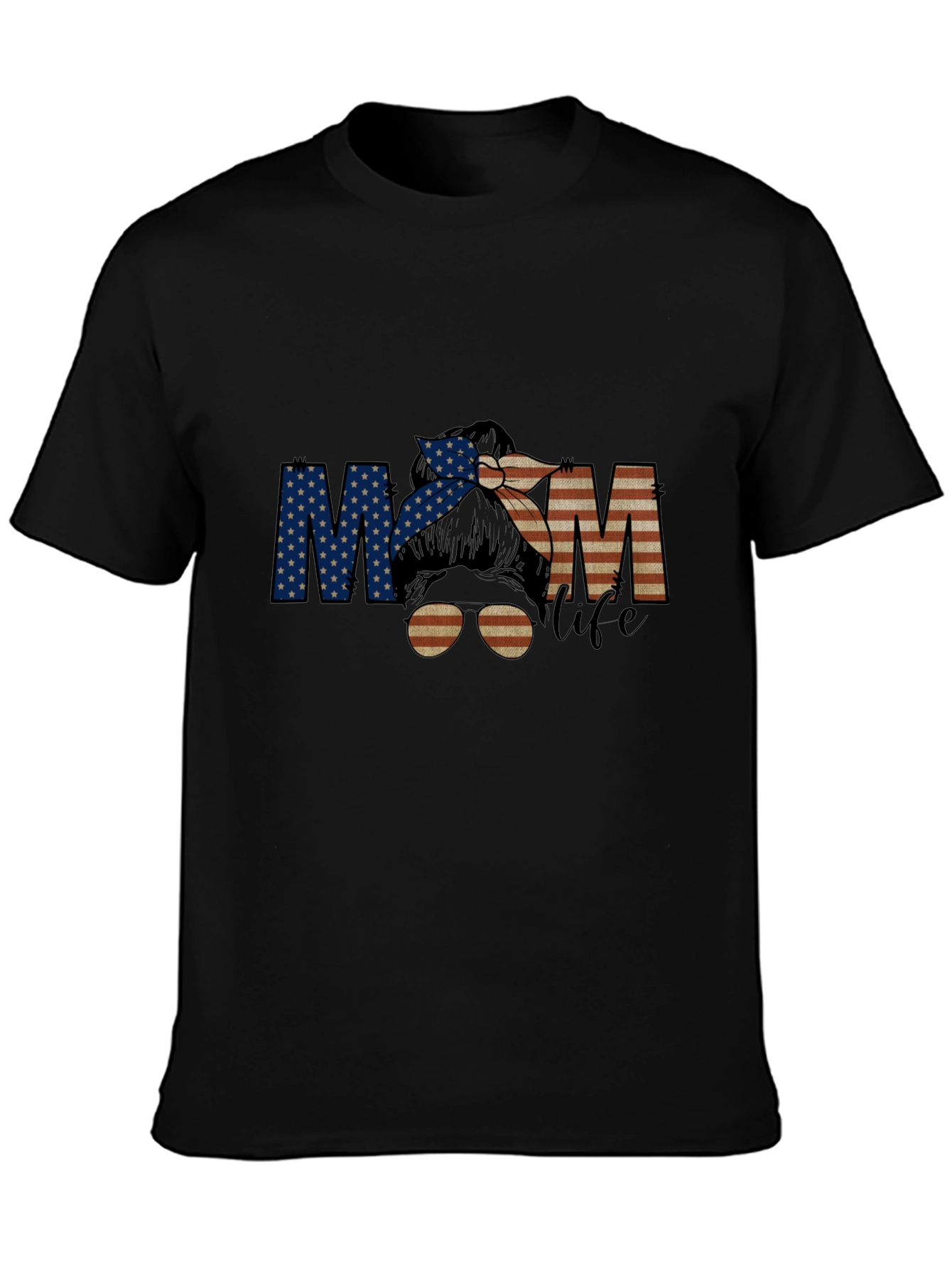 Mom Life Messy Bun T-Shirt - Patriotic American Flag Design