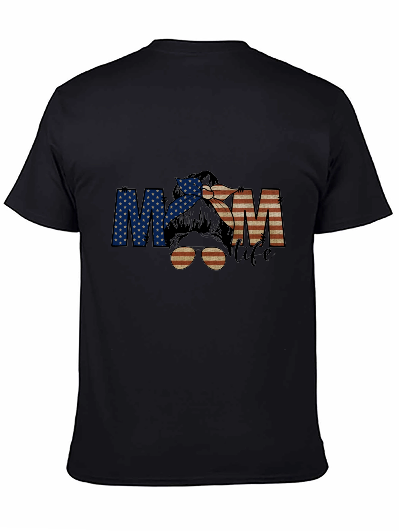 Mom Life Messy Bun T-Shirt - Patriotic American Flag Design