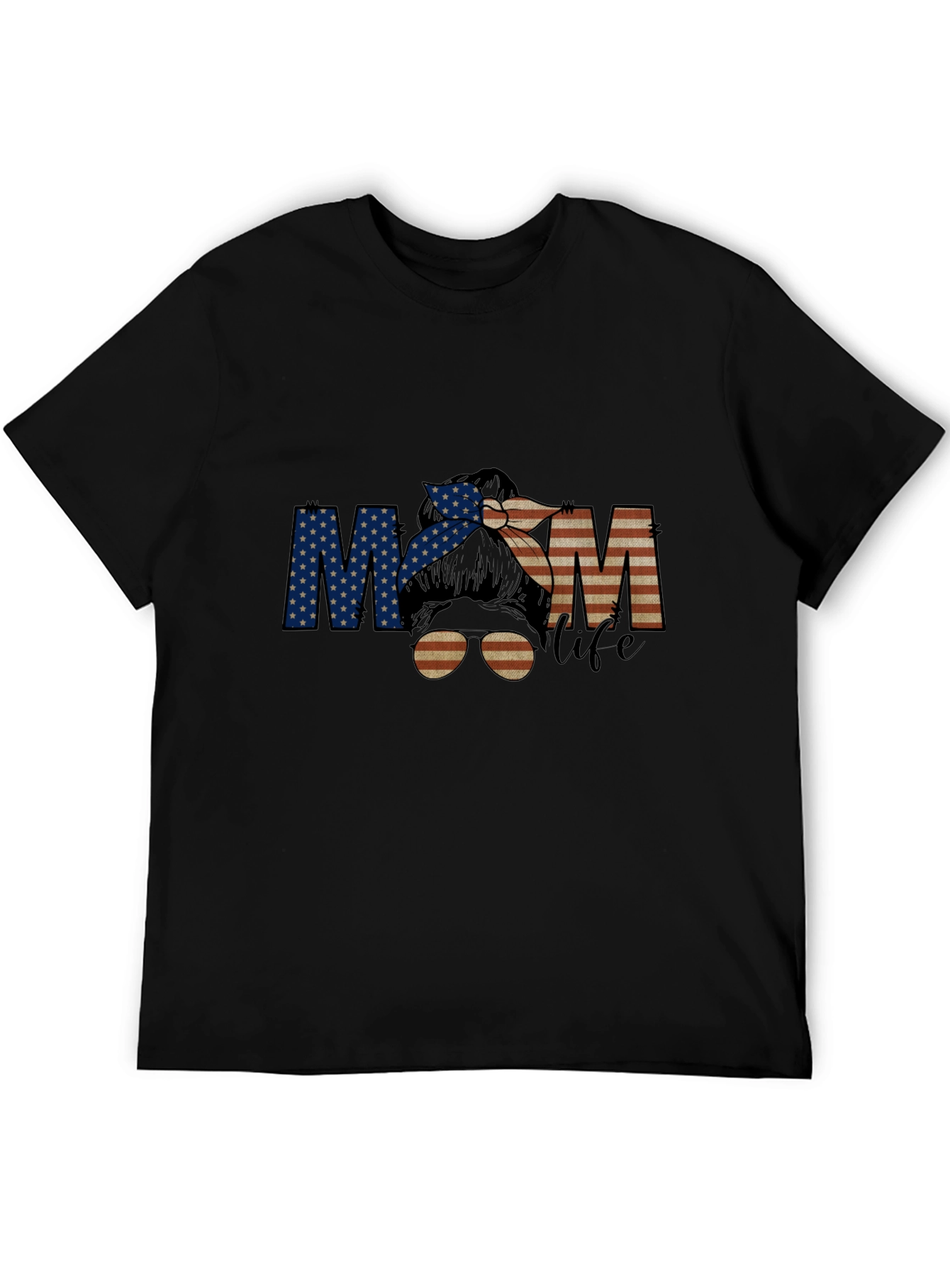 Mom Life Messy Bun T-Shirt - Patriotic American Flag Design